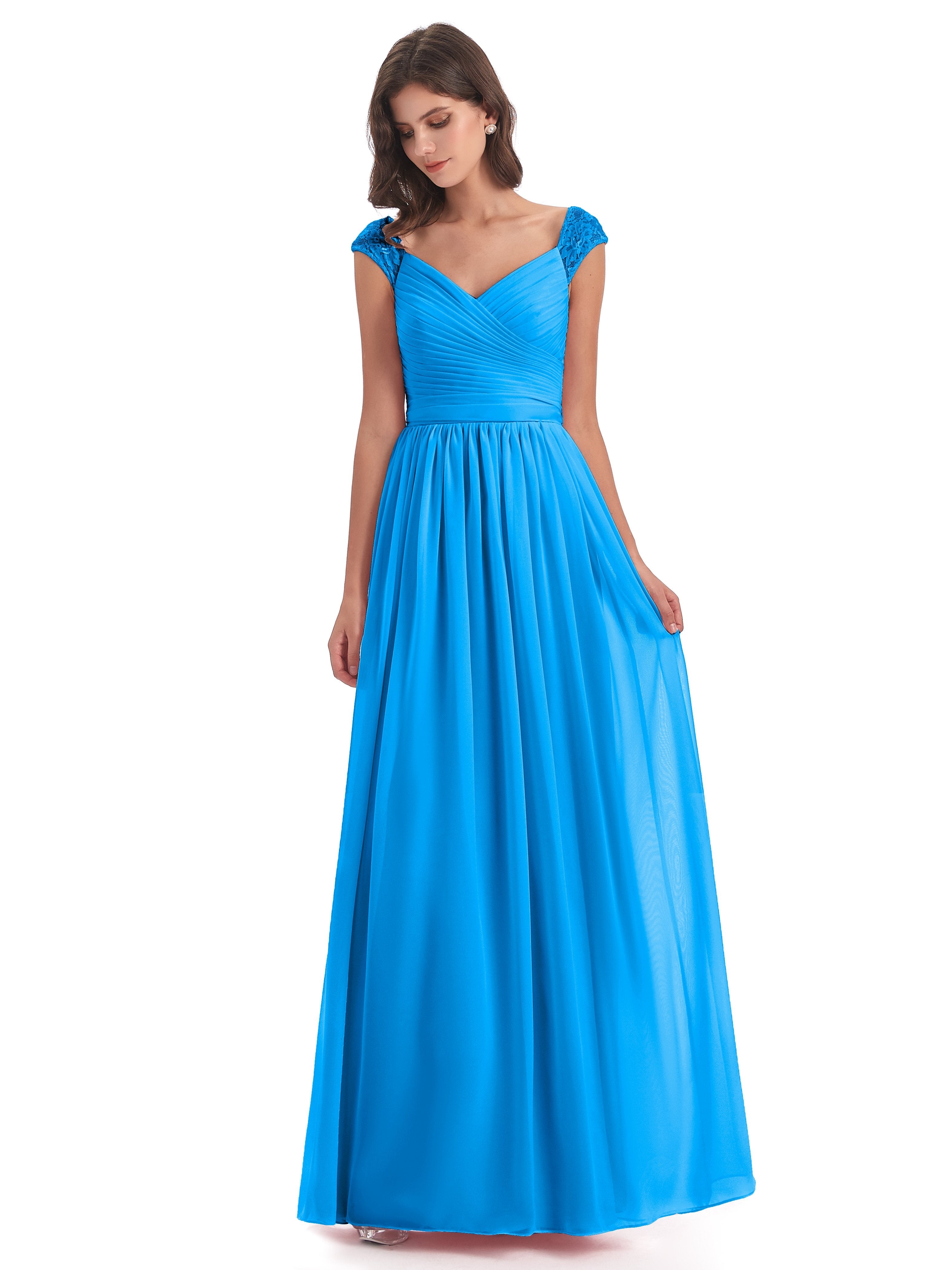 Ocean Blue Bridesmaid Dress Charming Cap Sleeves Floor Length Bridesma