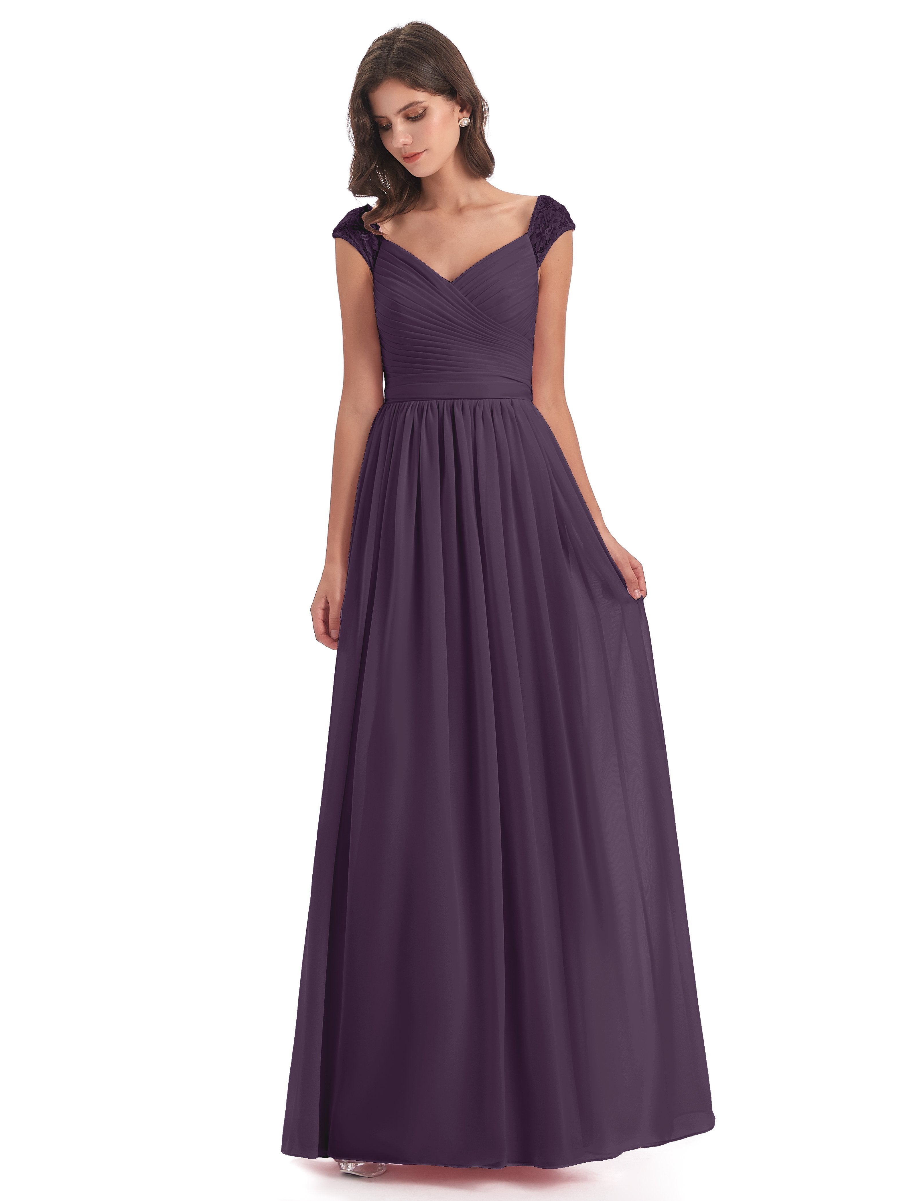 Plum Bridesmaid Dress Charming Cap Sleeves Floor Length Bridesmaid Dre