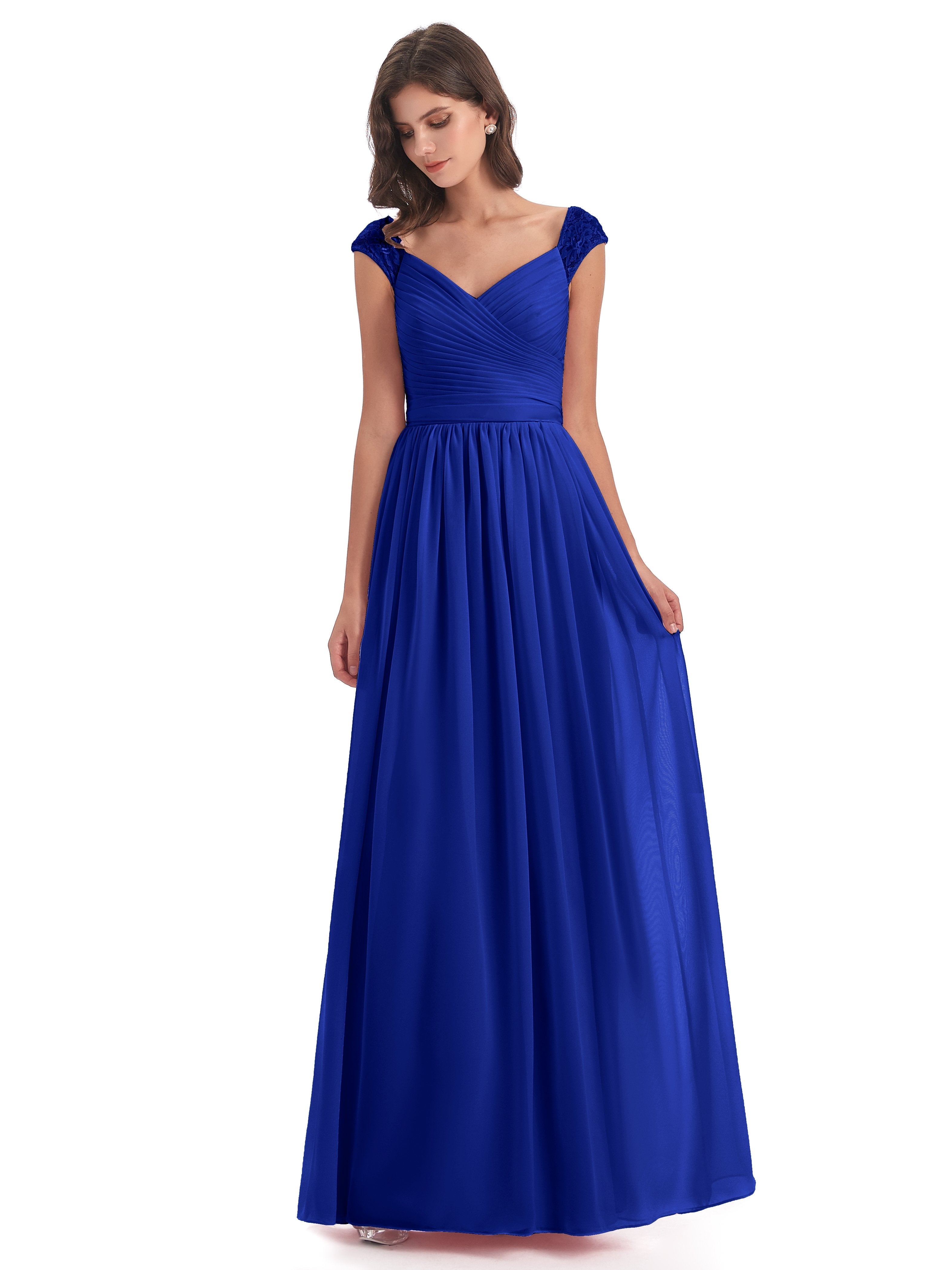 Royal Blue Bridesmaid Dress Charming Cap Sleeves Floor Length Bridesma