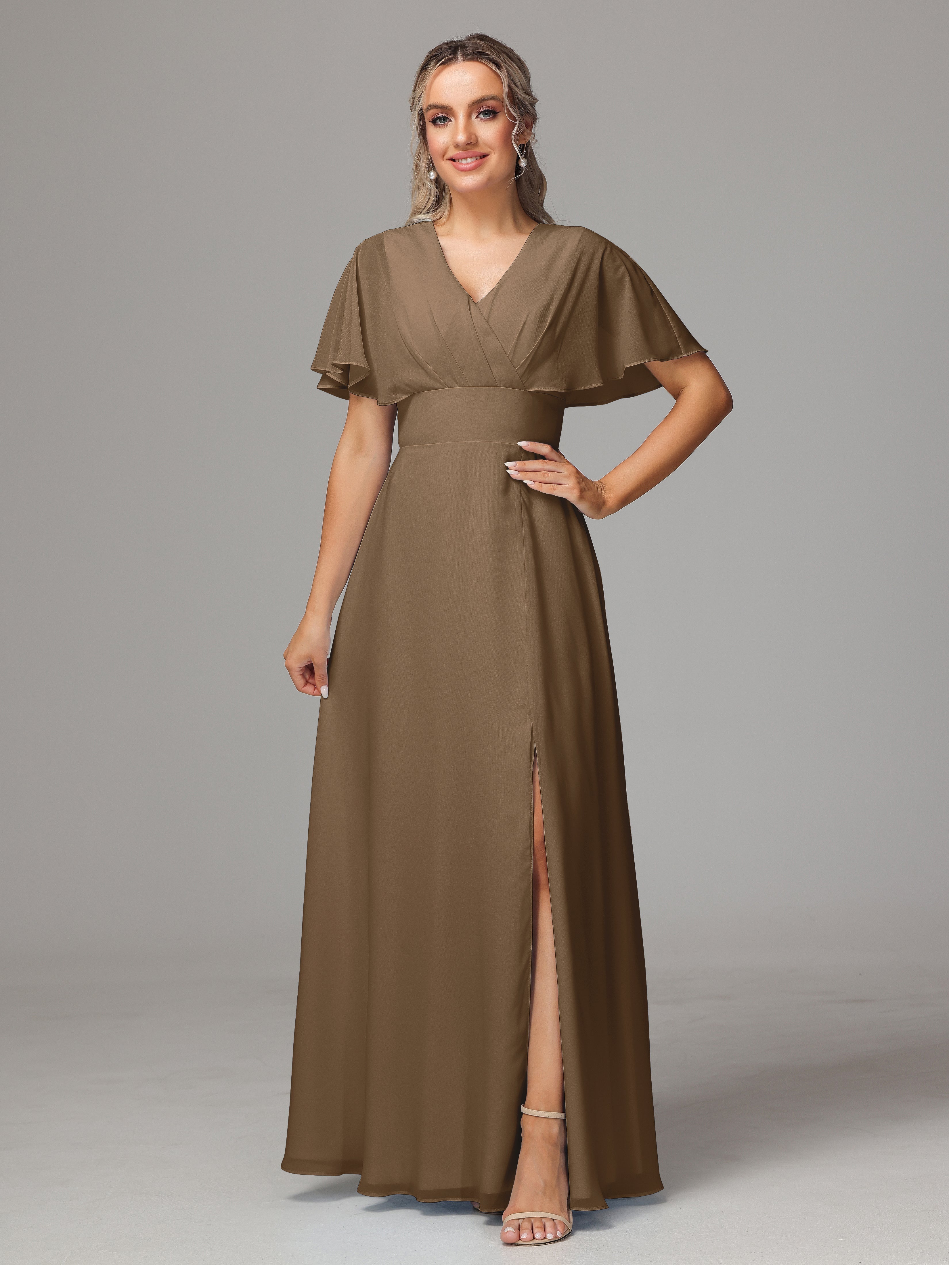 Long Mocha Bridesmaid Dresses V-Neck Cap Sleeves Chiffon Bridesmaid Dr Long Mocha Bridesmaid Dresses V-Neck Cap Sleeves Chiffon Bridesmaid Dr
