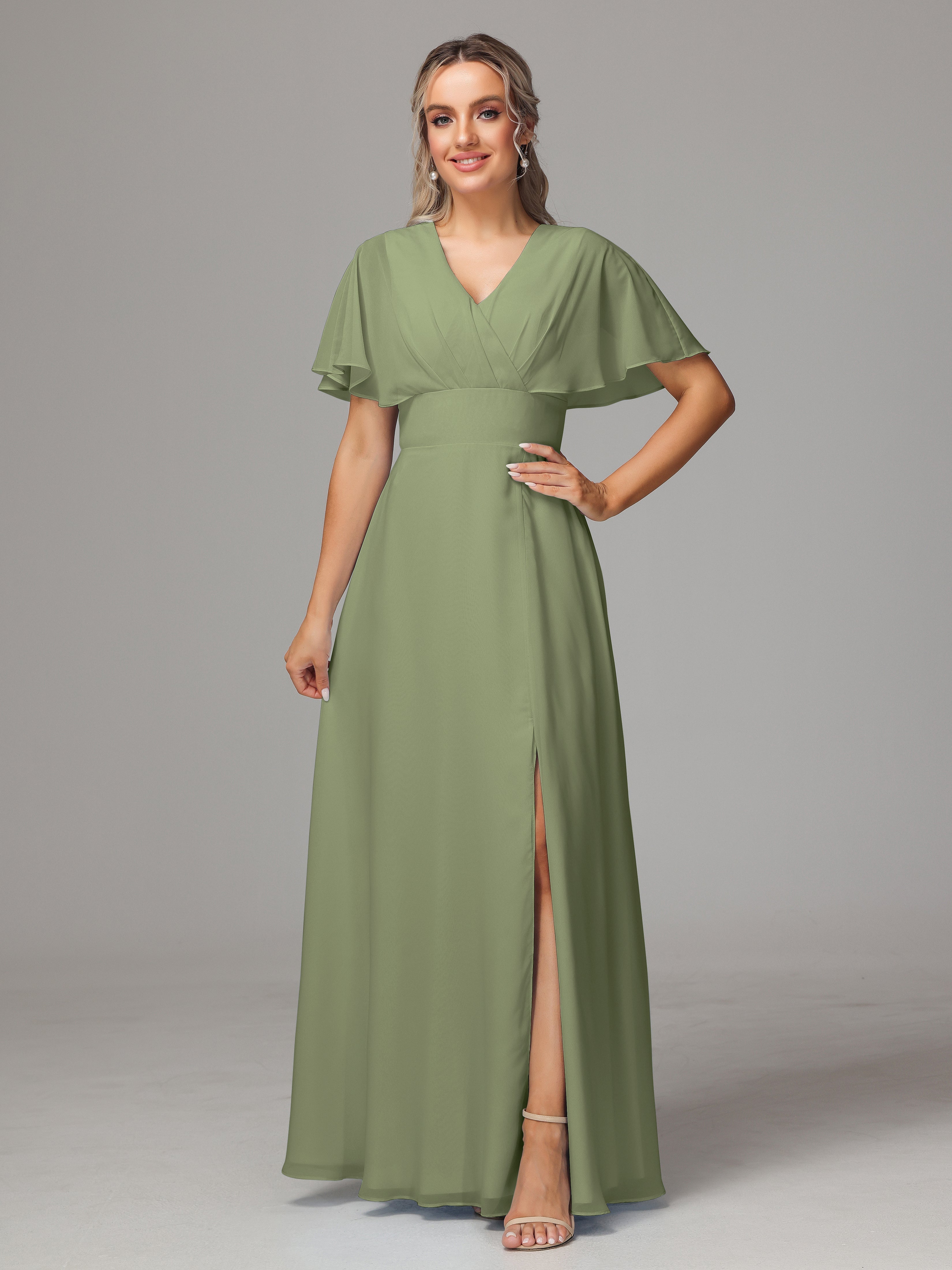 Wedding Olive Green Bridesmaid Dresses V-Neck Cap Sleeves Chiffon Brid Wedding Olive Green Bridesmaid Dresses V-Neck Cap Sleeves Chiffon Brid