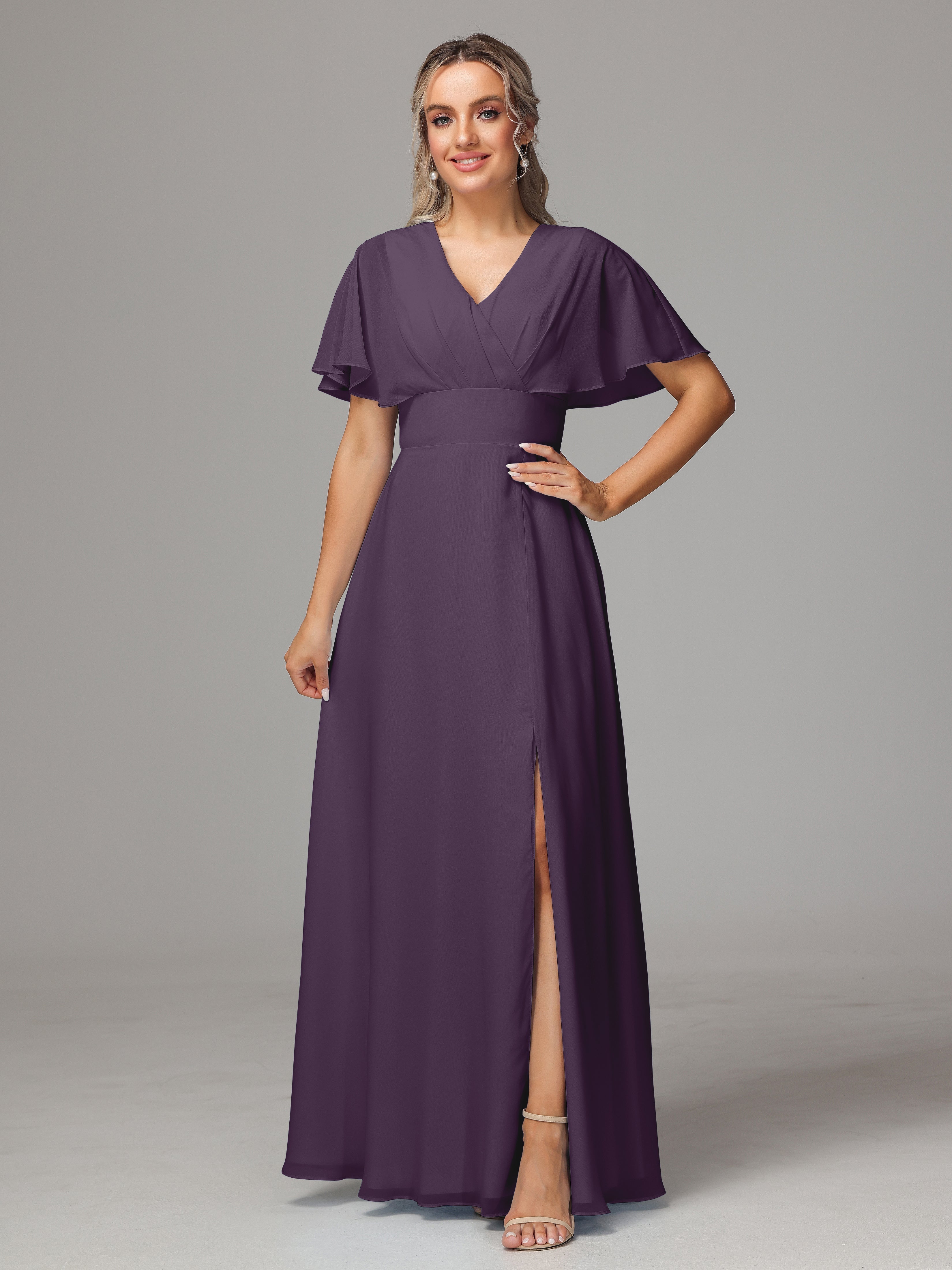 Plum Chiffon Bridesmaid Dress V-Neck Cap Sleeves Chiffon Bridesmaid Dr