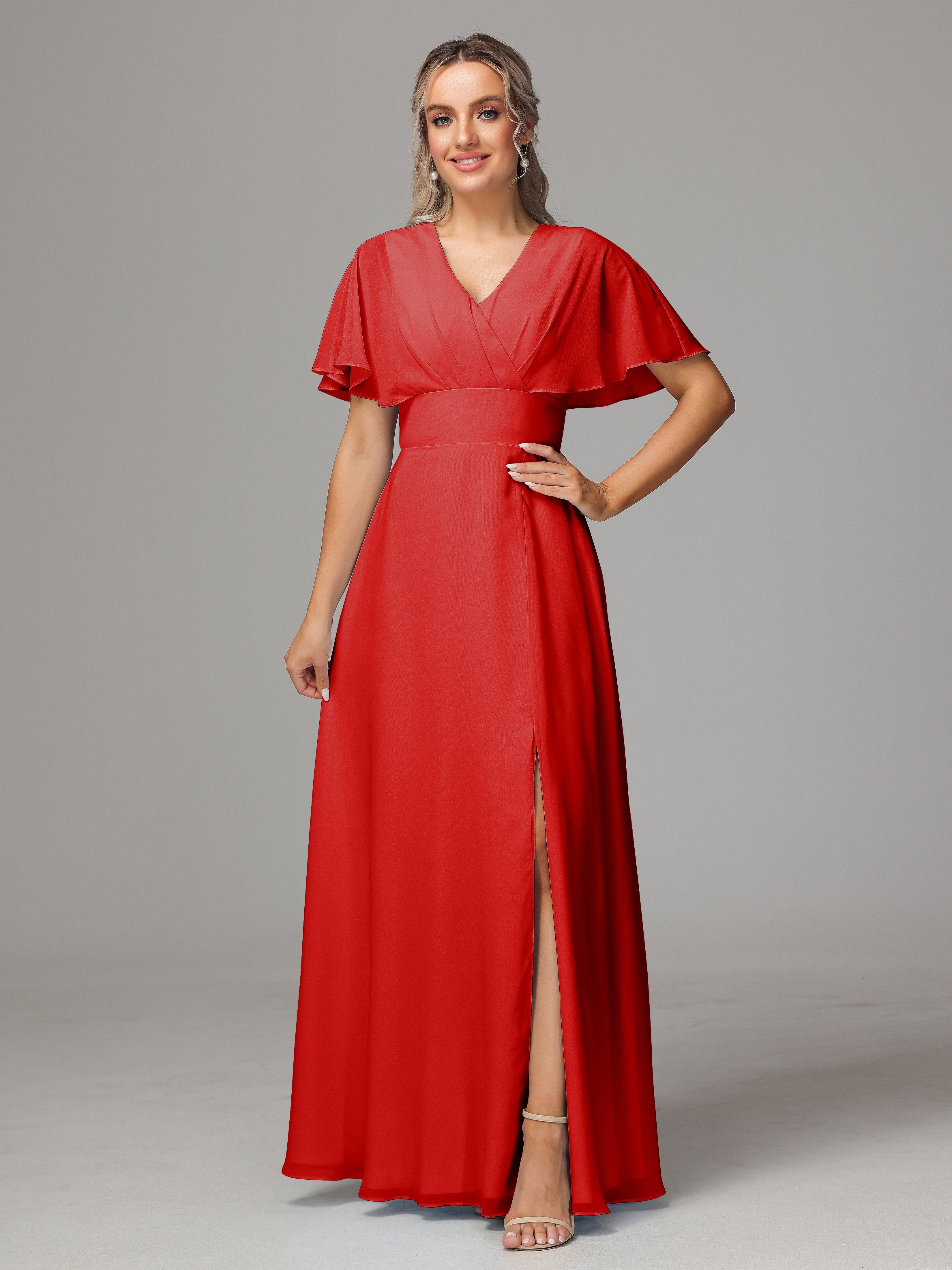 Wedding Red Bridesmaid Dresses V-Neck Cap Sleeves Chiffon Bridesmaid D