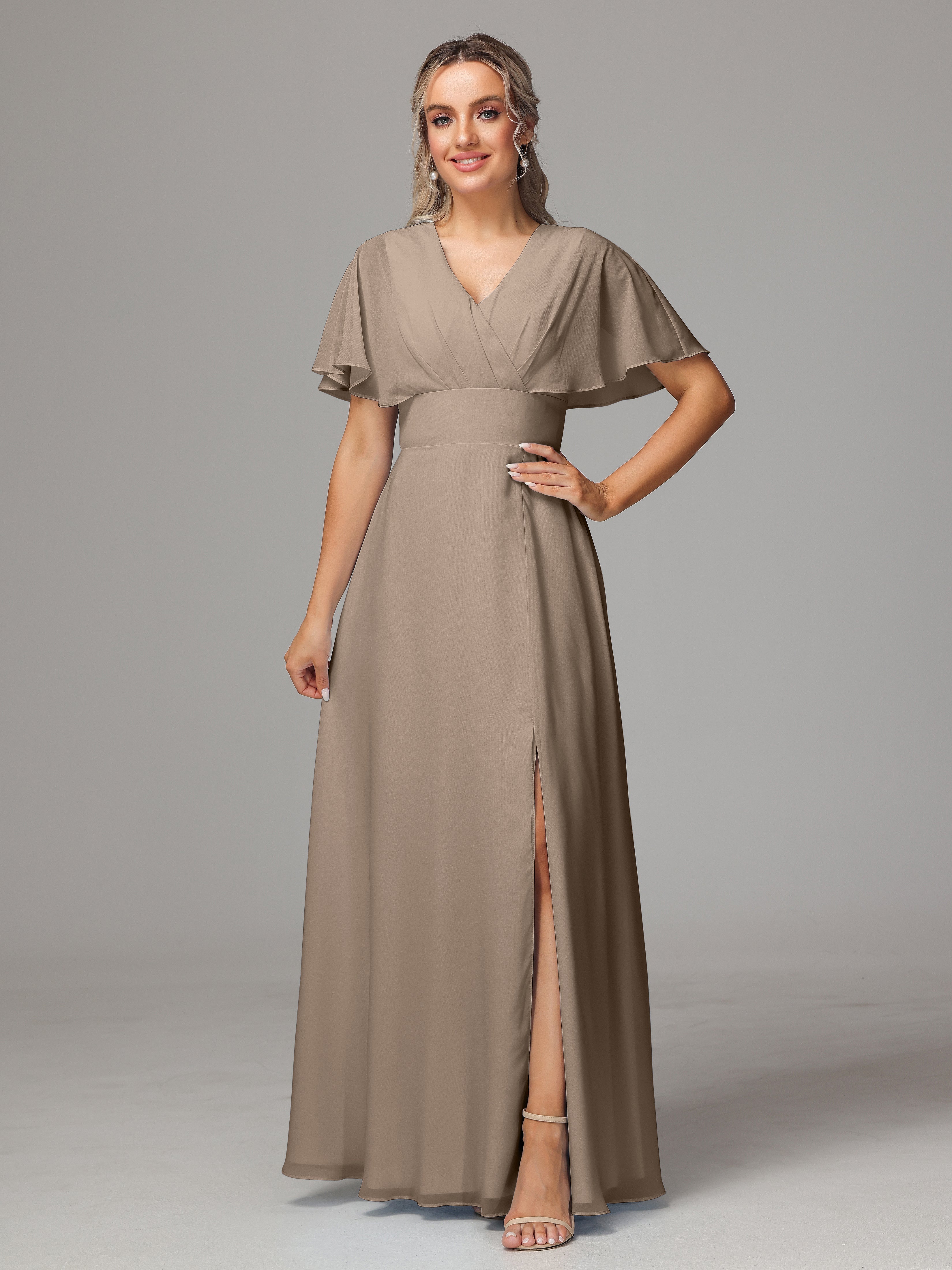 Taupe Color Bridesmaid Dresses V-Neck Cap Sleeves Chiffon Bridesmaid D Taupe Color Bridesmaid Dresses V-Neck Cap Sleeves Chiffon Bridesmaid D