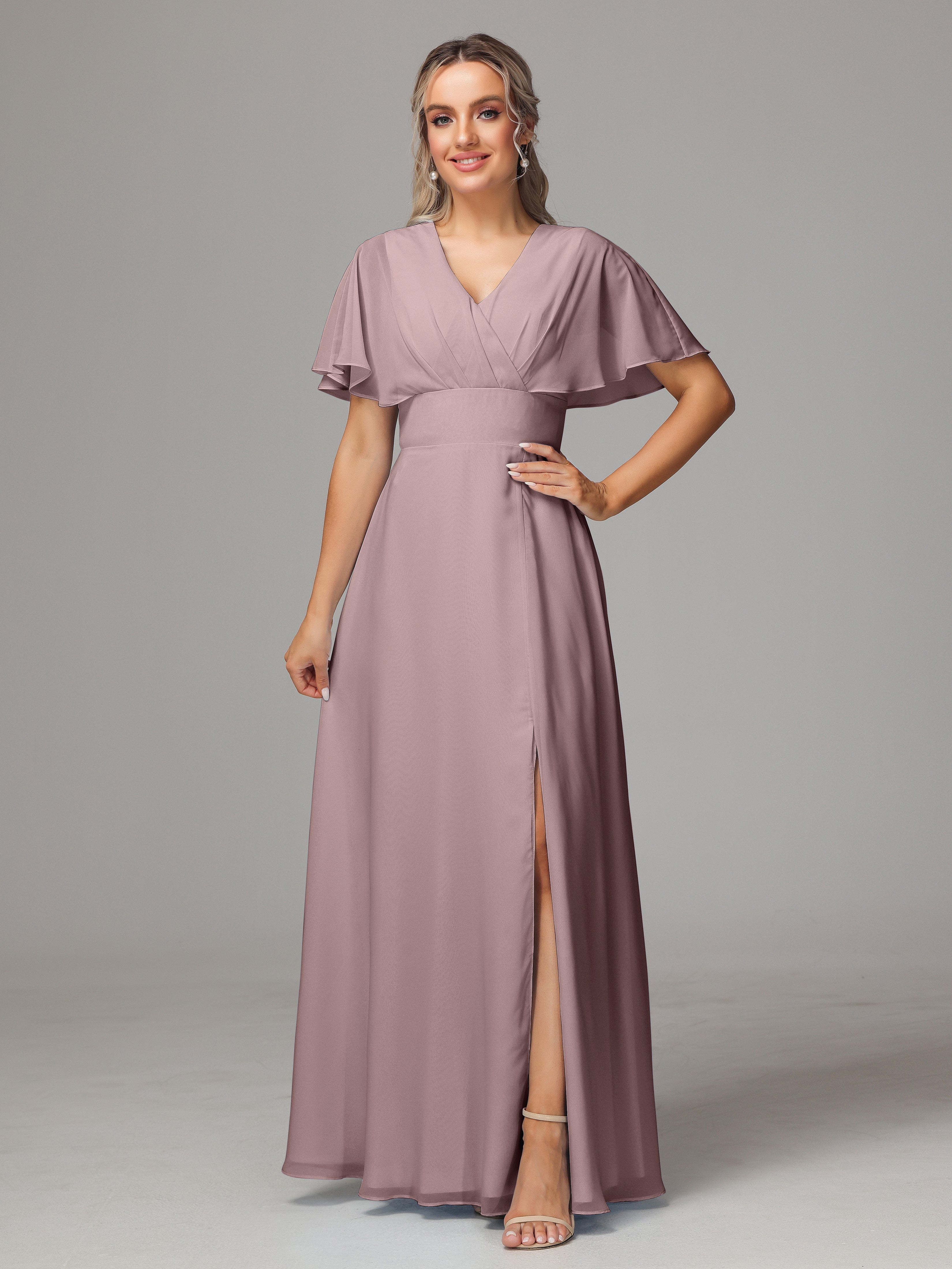 Vintage Mauve Bridesmaid Dresses V-Neck Cap Sleeves Chiffon Bridesmaid
