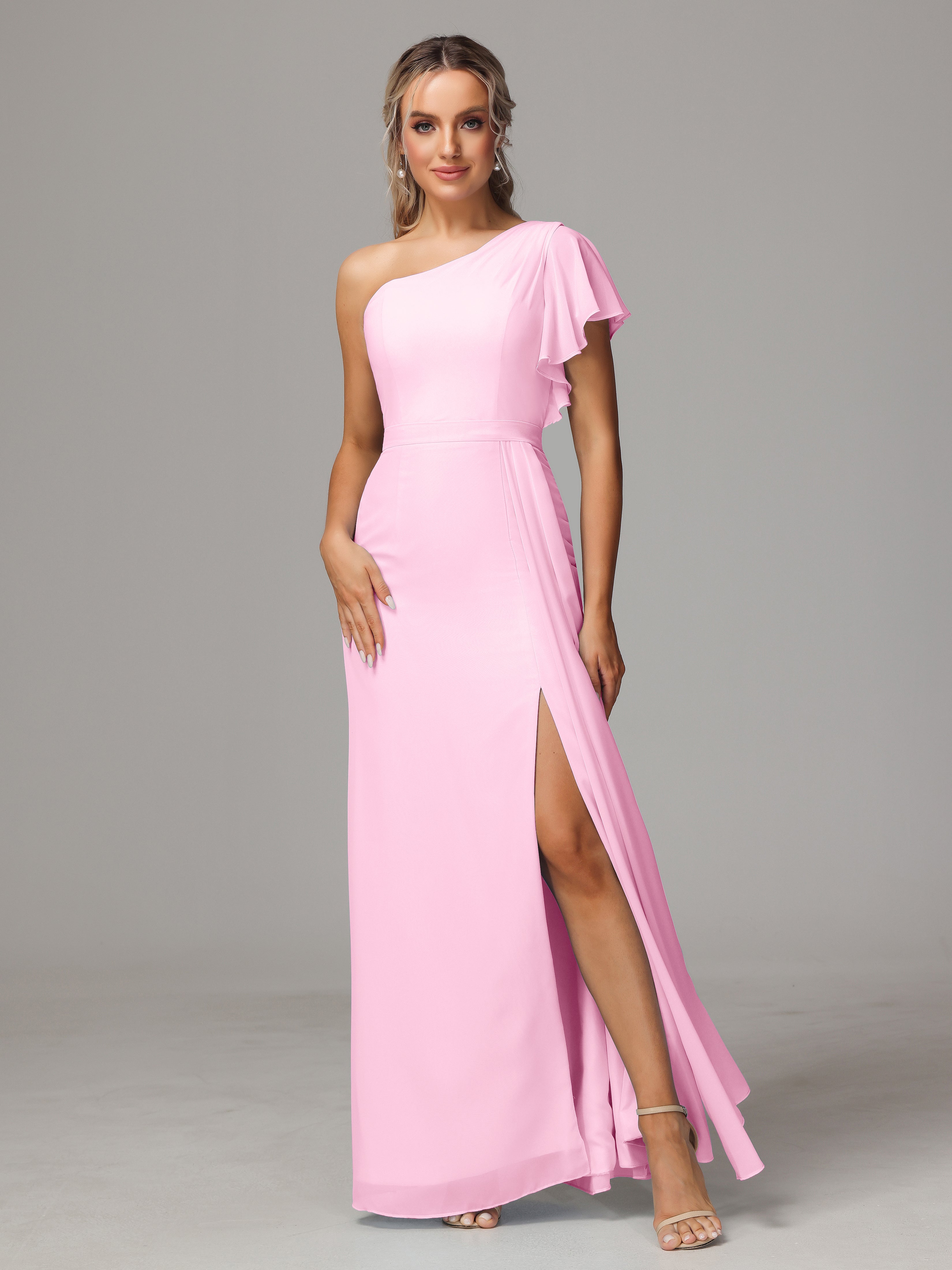 cotton candy bridesmaid dress Pink Dresses Sheath/Column One Shoulder Chiffo Albina dyla gown