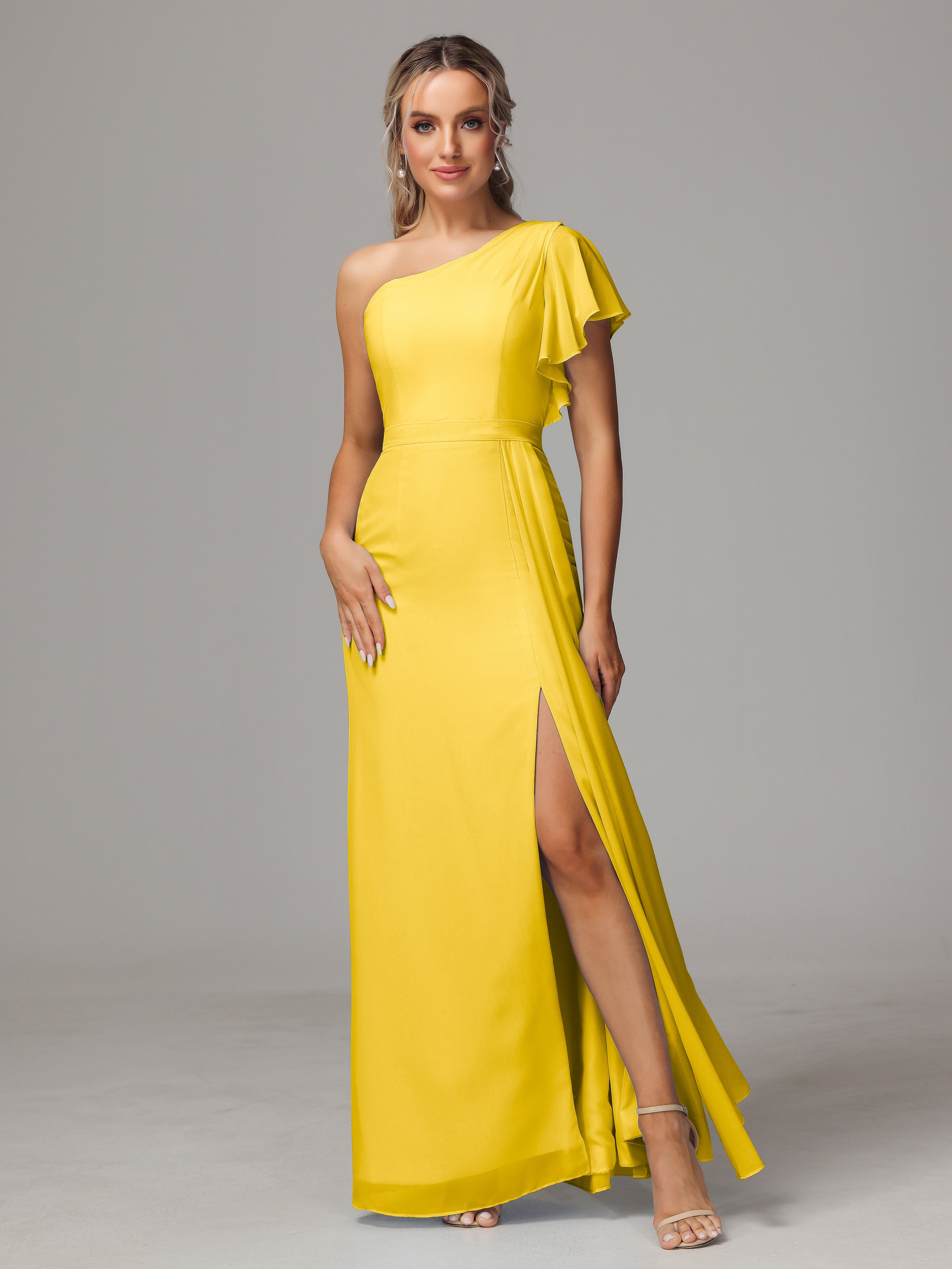 Bridesmaid Dresses Marigold Sheath/Column One Shoulder Chiffon Bridesm