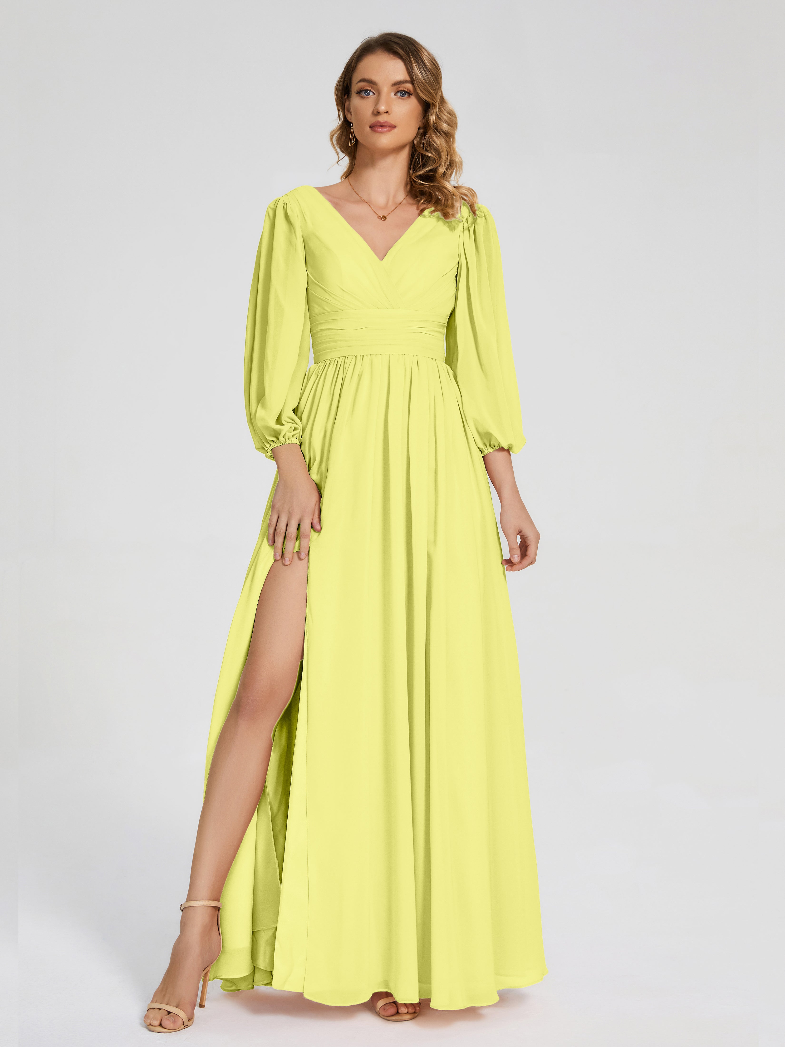 Daffodil Colour Bridesmaid Dresses Journey Long Sleeves Split Chiffon Daffodil Colour Bridesmaid Dresses Journey Long Sleeves Split Chiffon
