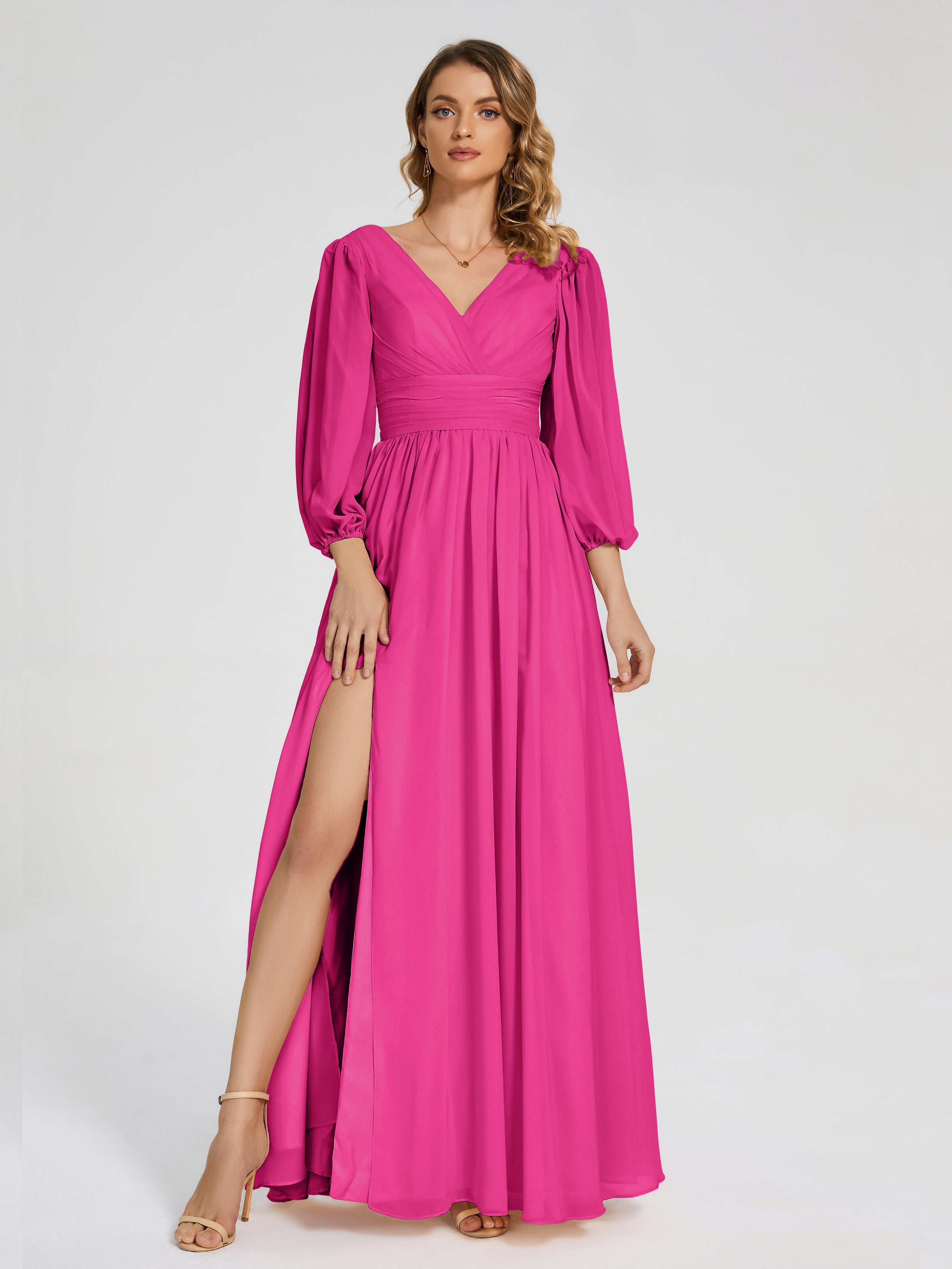 Fuchsia Bridesmaids Dresses With Sleeves Journey Long Sleeves Split Ch