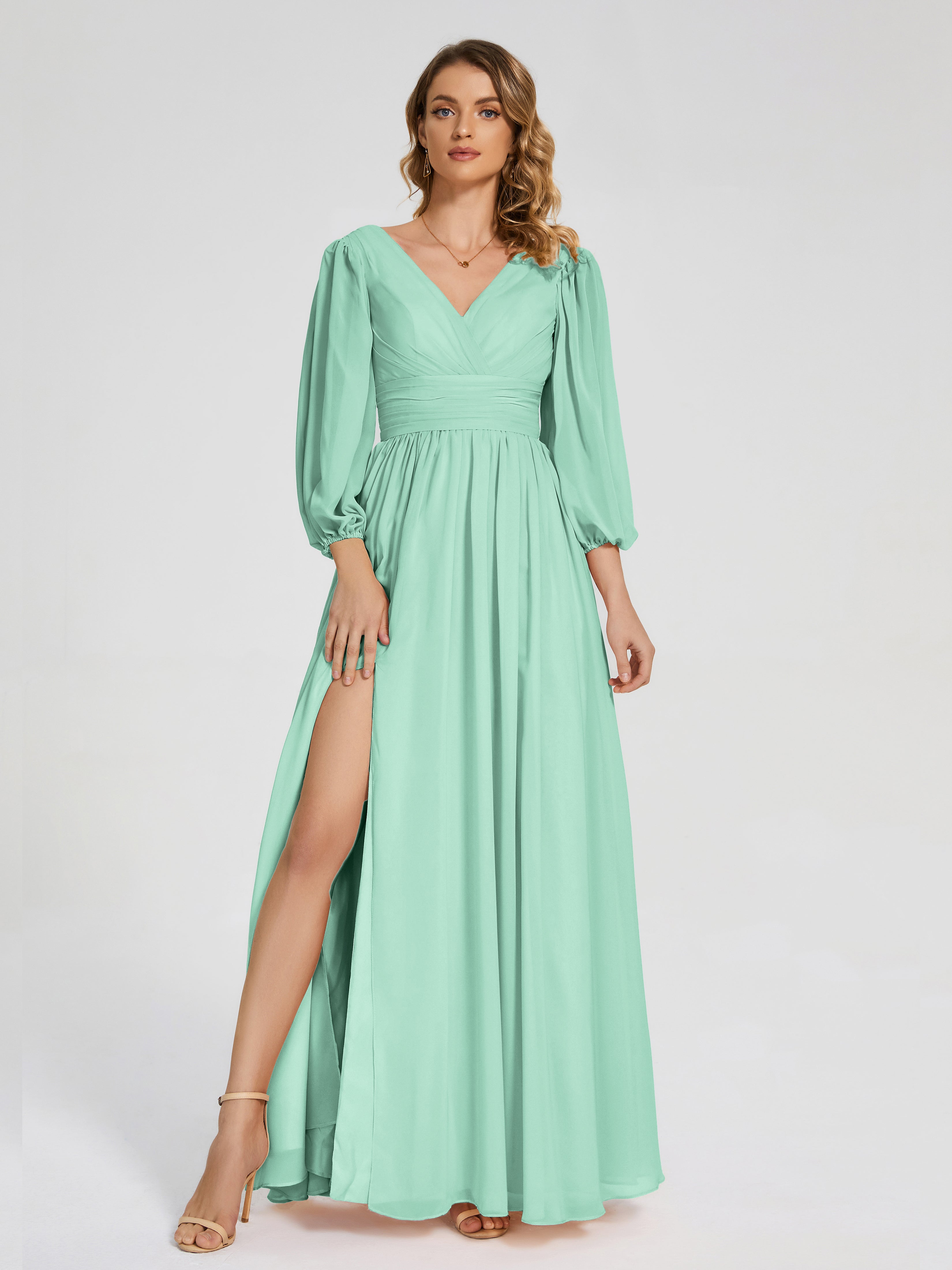 Mint Green Bridesmaids Dresses Journey Long Sleeves Split Chiffon Brid
