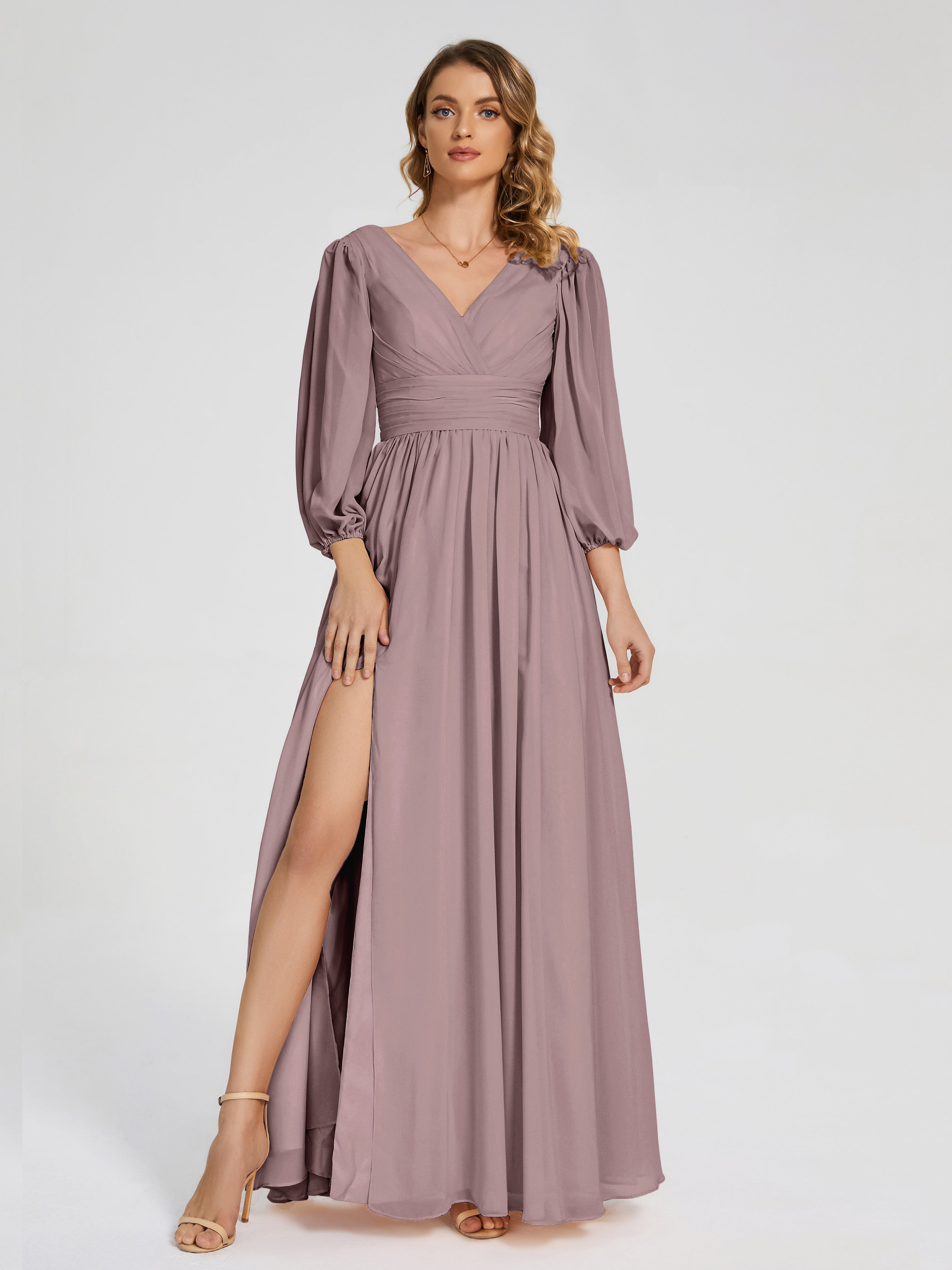 Vintage Mauve Bridesmaid Dresses Uk Journey Long Sleeves Split Chiffon