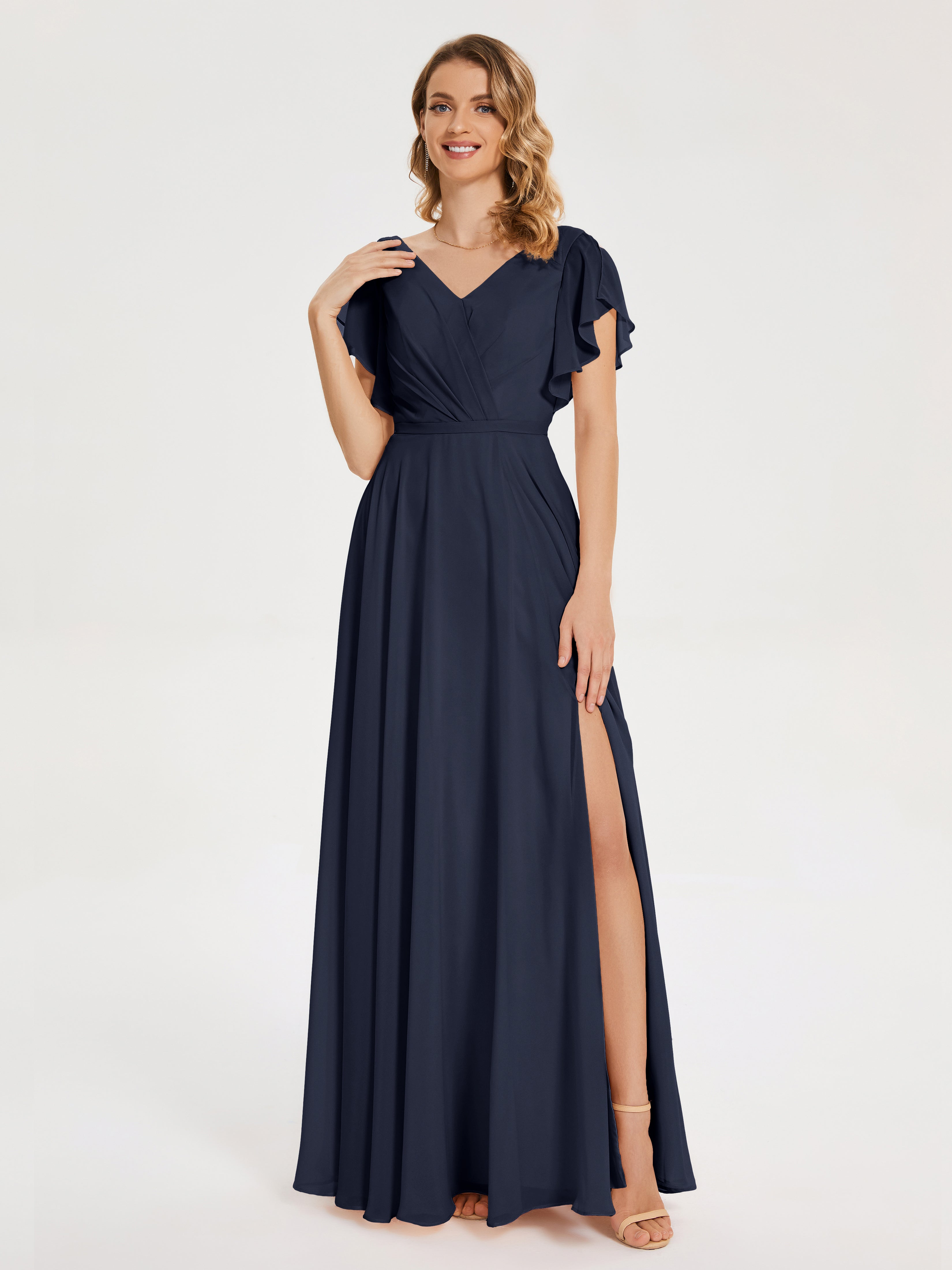 Dark Navy Bridesmaid Dresses Kate Charming V Neck Split Chiffon Brides