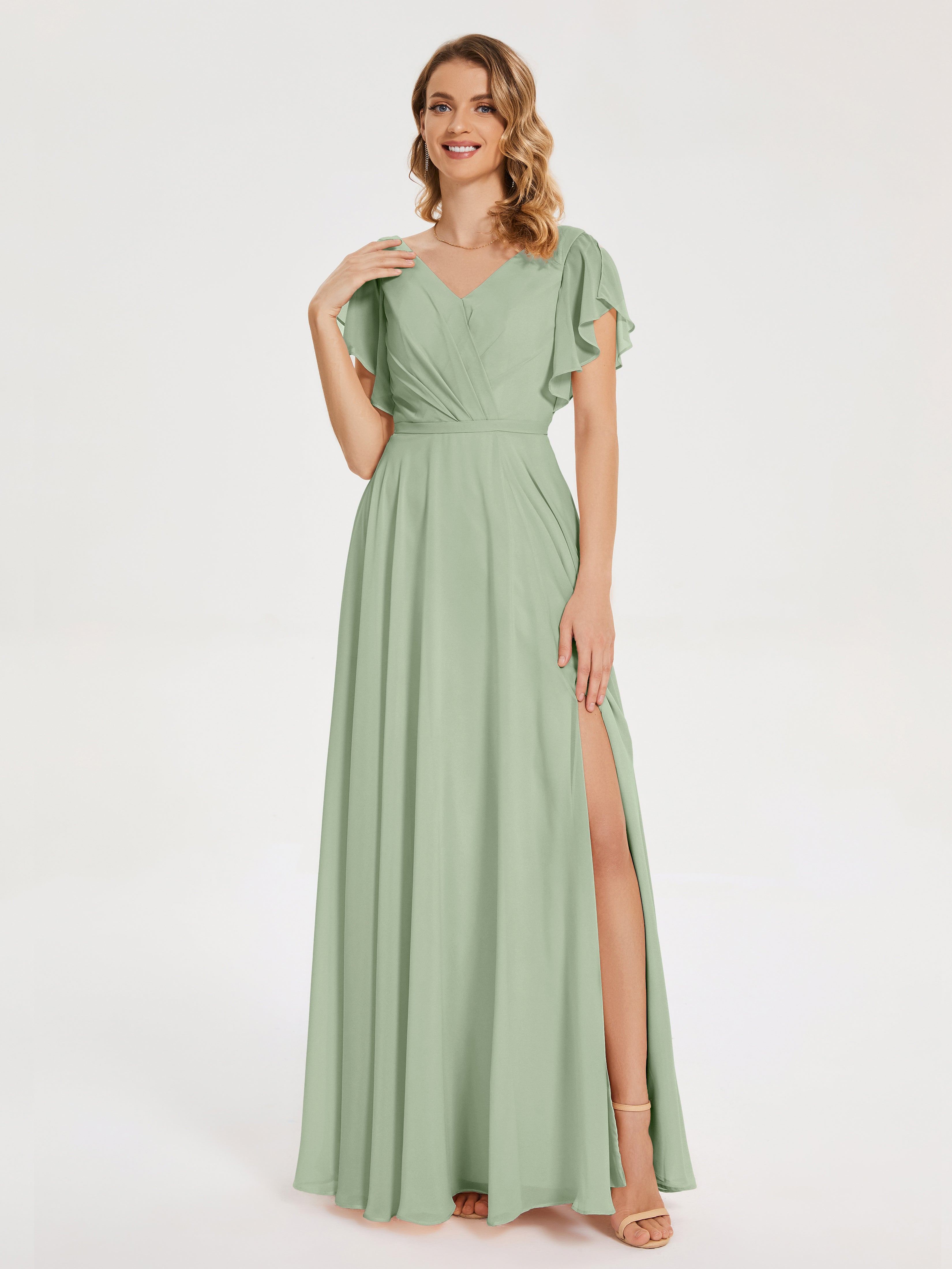 Dusty Sage Bridesmaid Kate Charming V Neck Split Chiffon Bridesmaid Dr