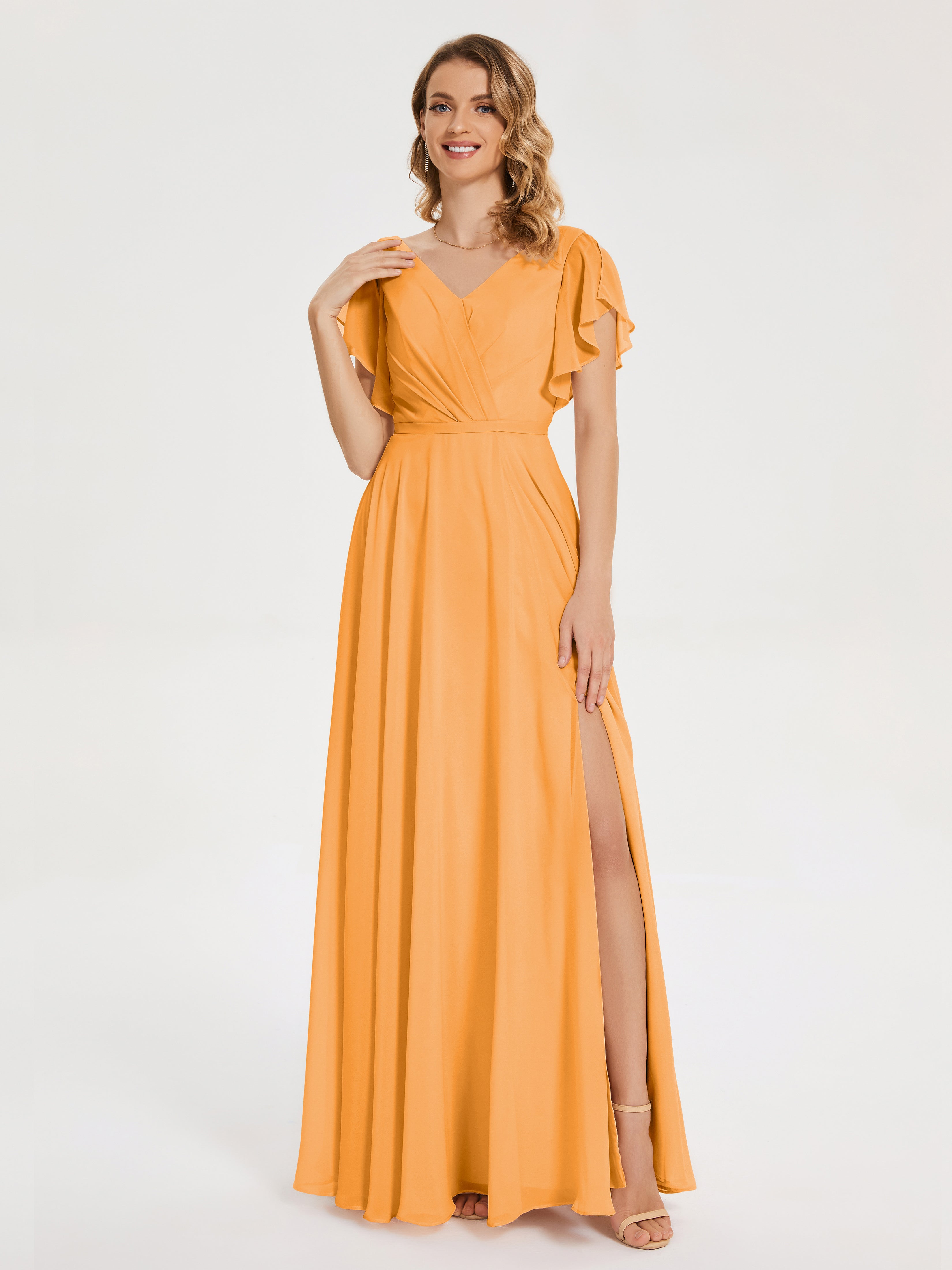 Tangerine Bridesmaid Dresses Kate Charming V Neck Split Chiffon Brides