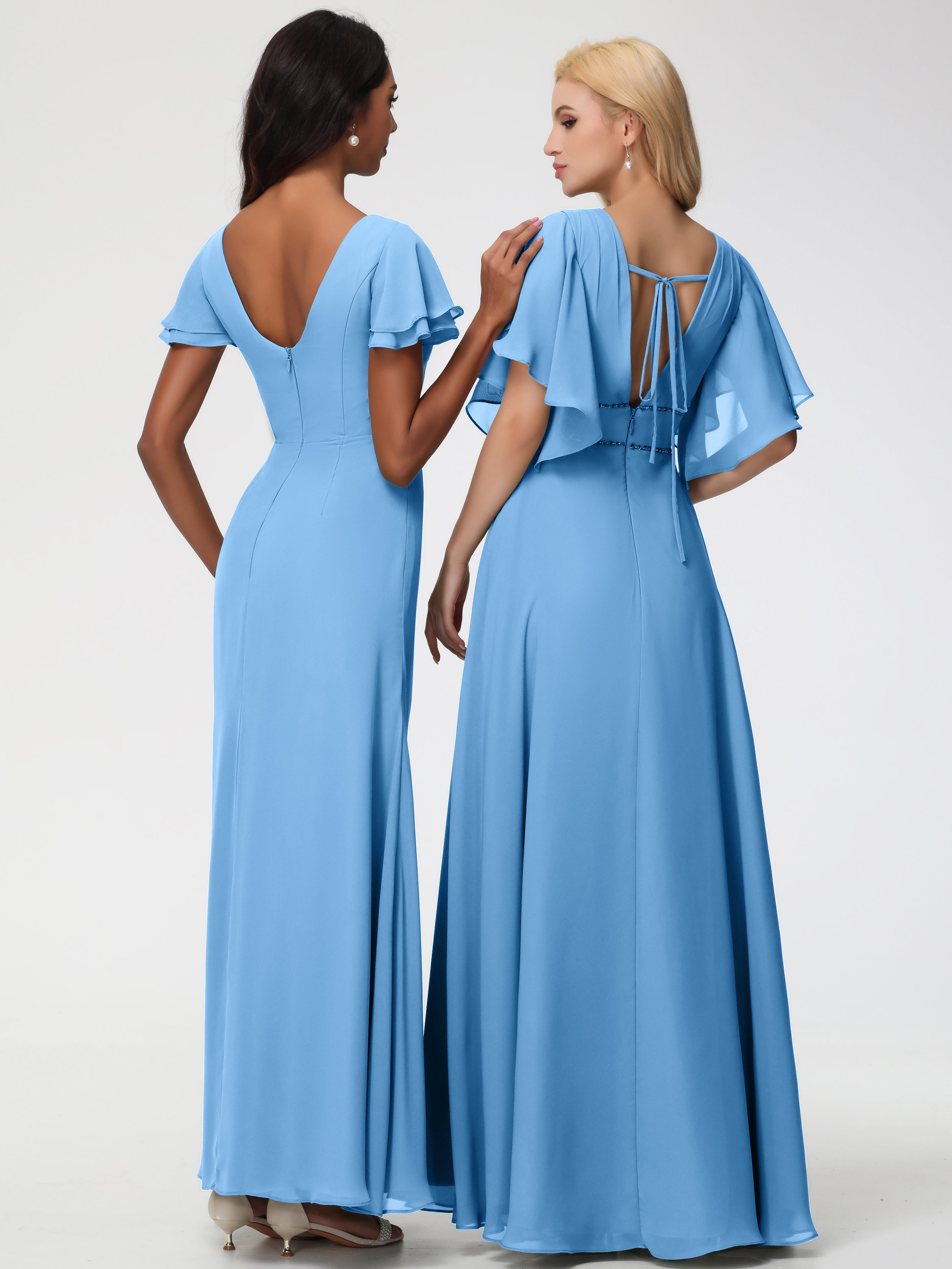 Sheath/Column Short Sleeves Split Long Chiffon Bridesmaid Dresses