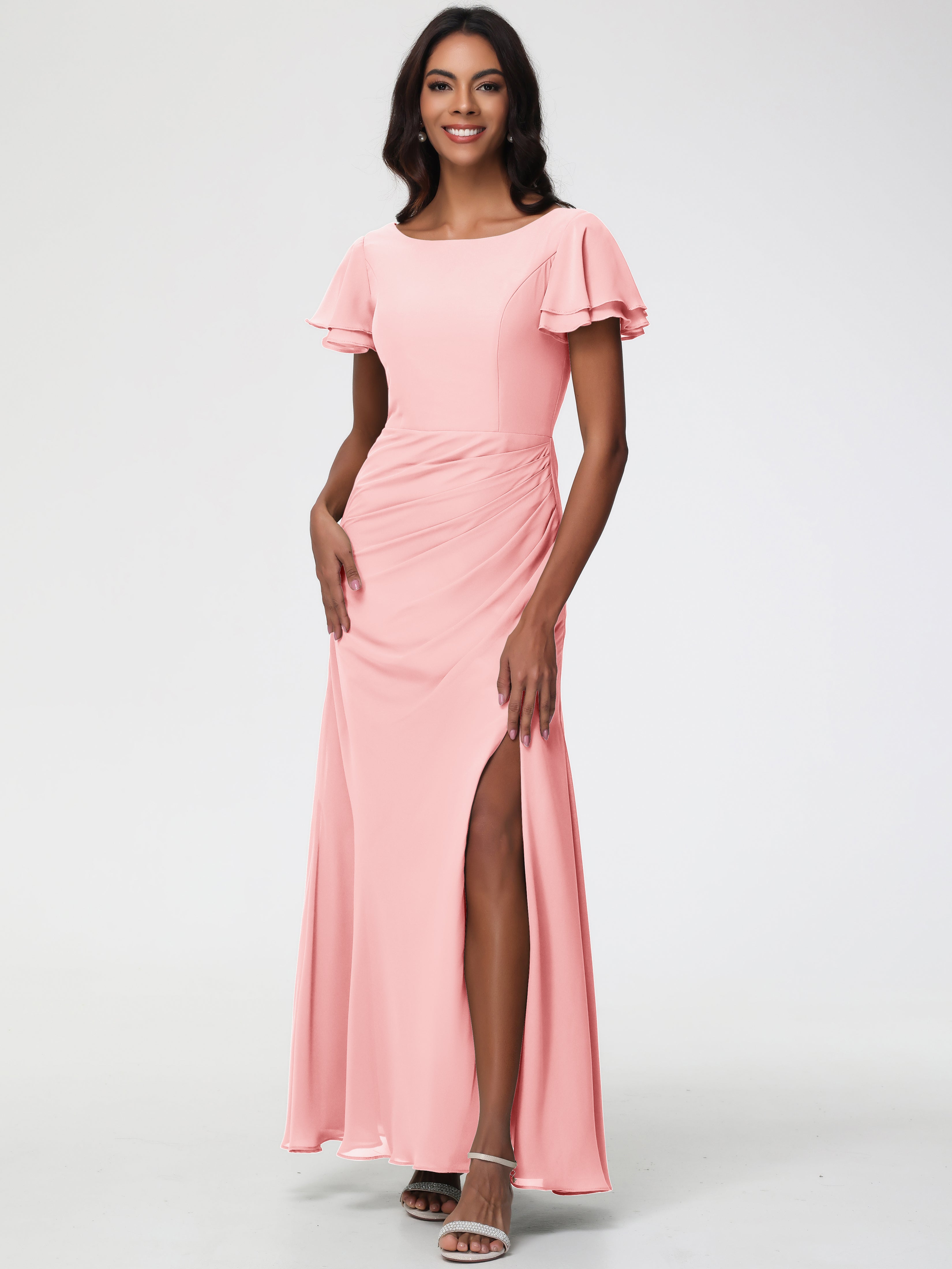 Sheath/Column Short Sleeves Split Long Chiffon Bridesmaid Dresses