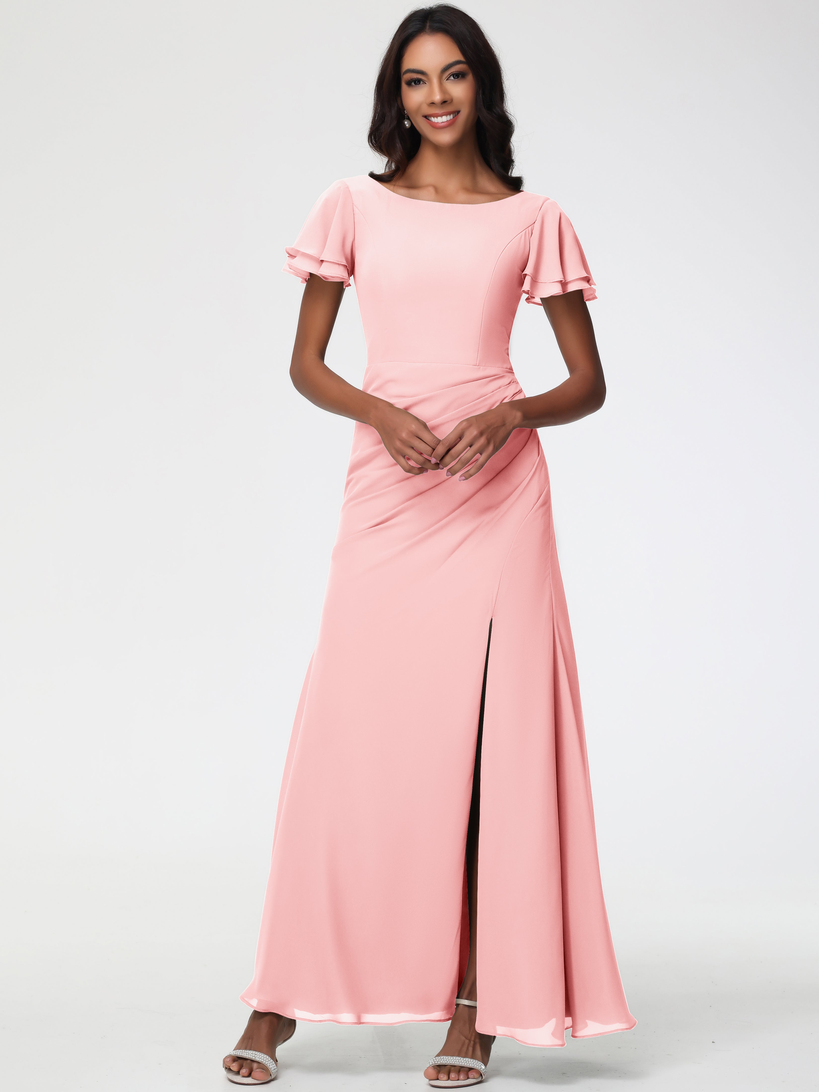 Sheath/Column Short Sleeves Split Long Chiffon Bridesmaid Dresses