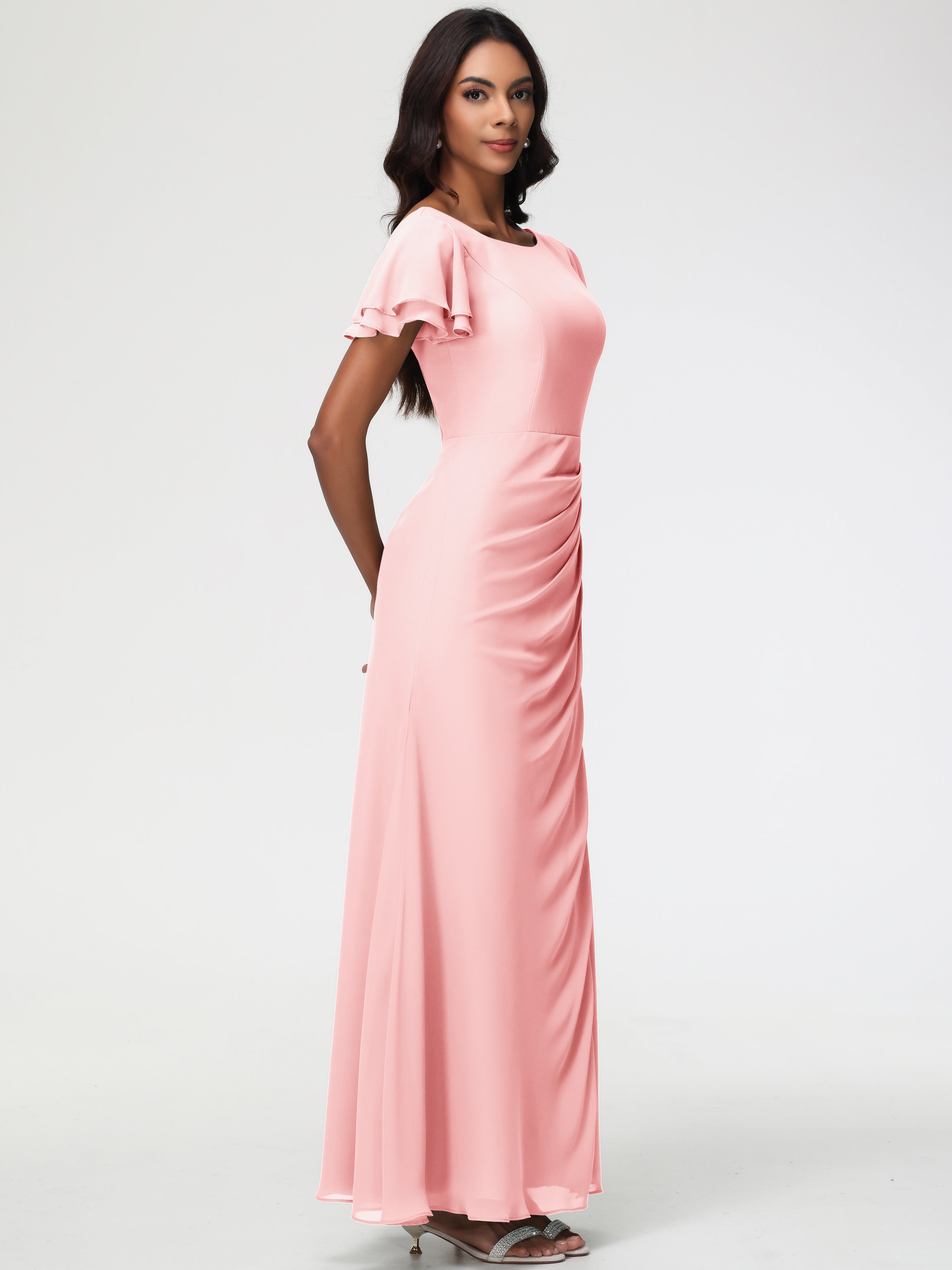 Sheath/Column Short Sleeves Split Long Chiffon Bridesmaid Dresses