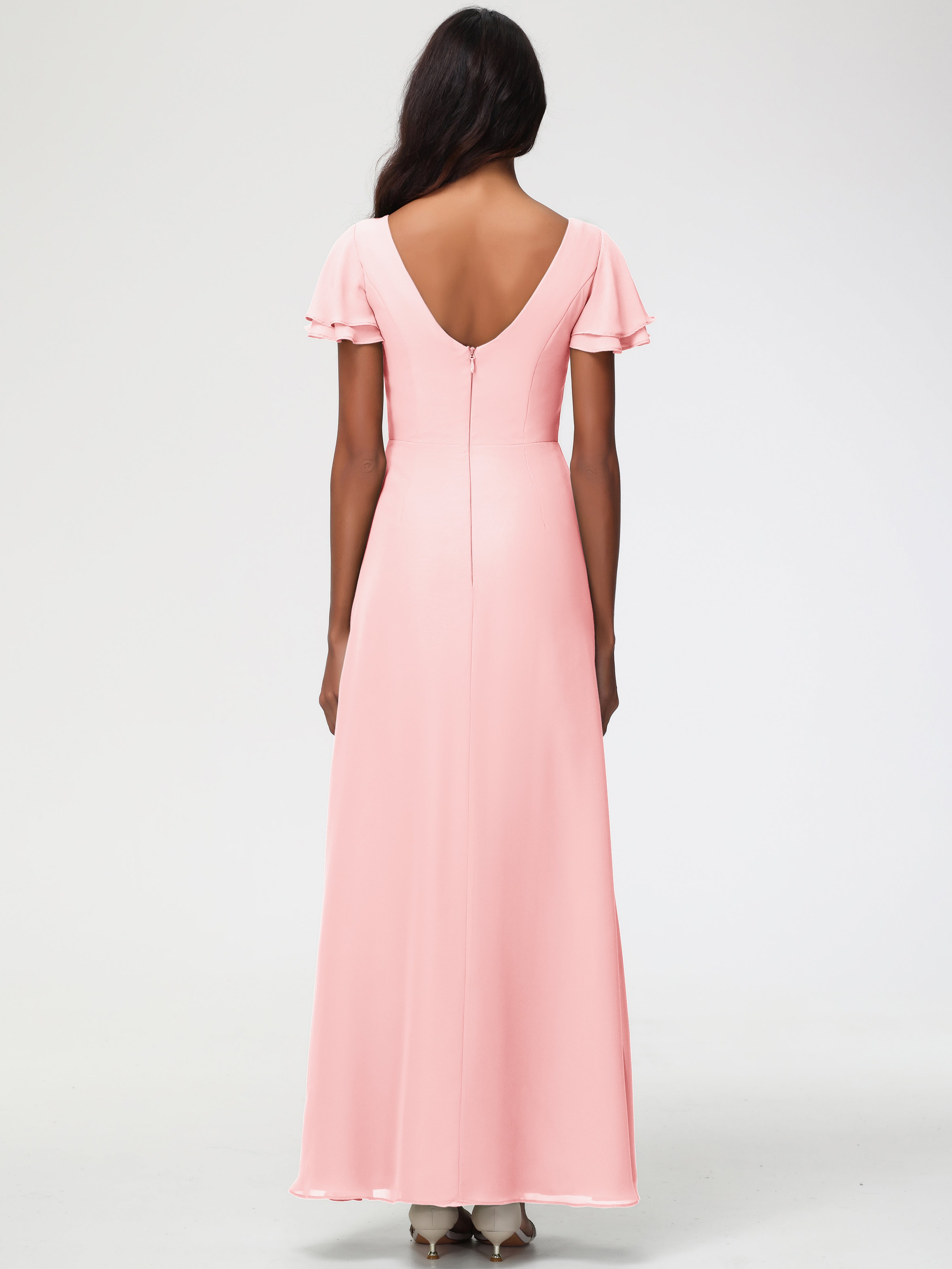 Sheath/Column Short Sleeves Split Long Chiffon Bridesmaid Dresses