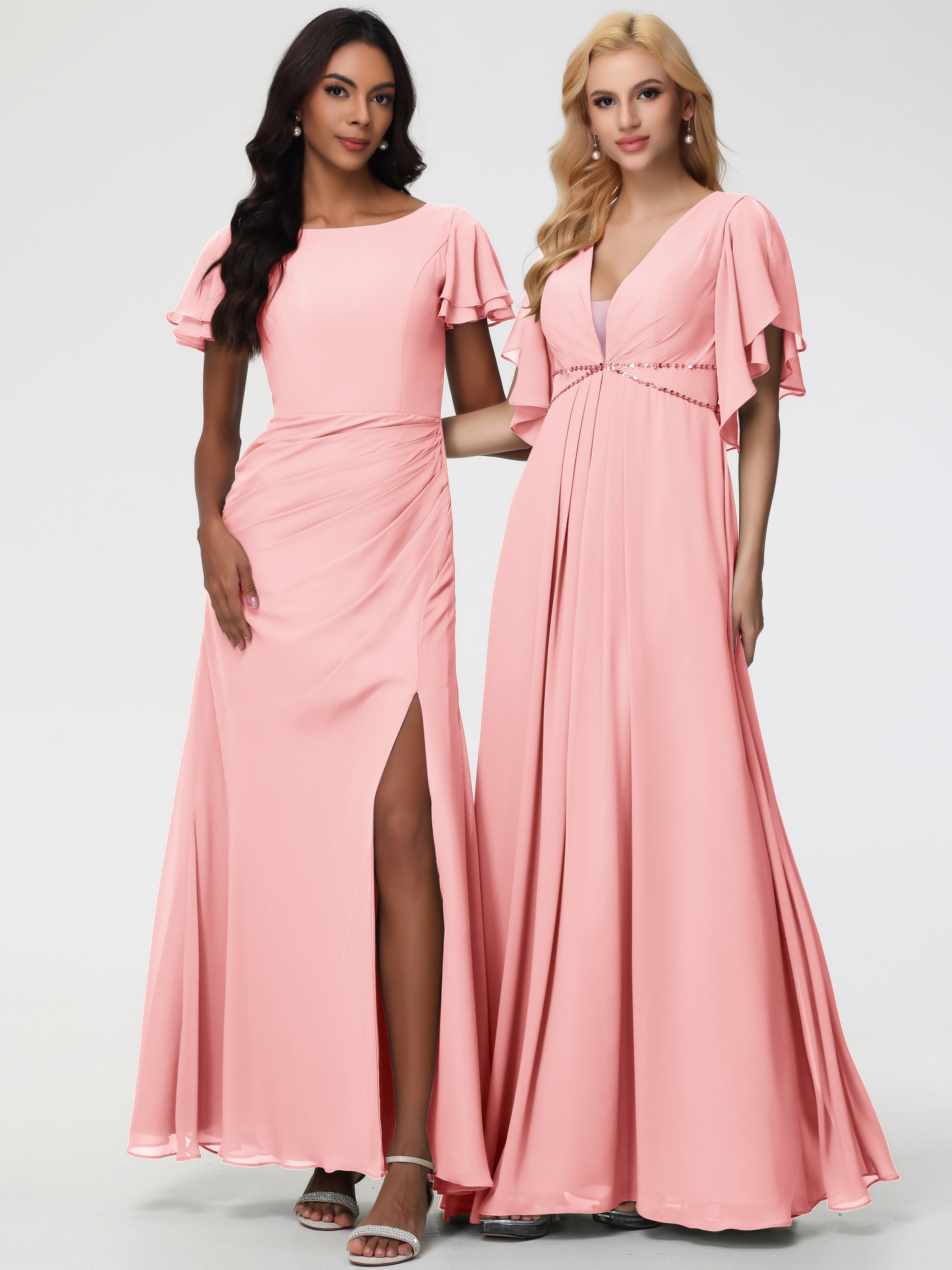 Sheath/Column Short Sleeves Split Long Chiffon Bridesmaid Dresses