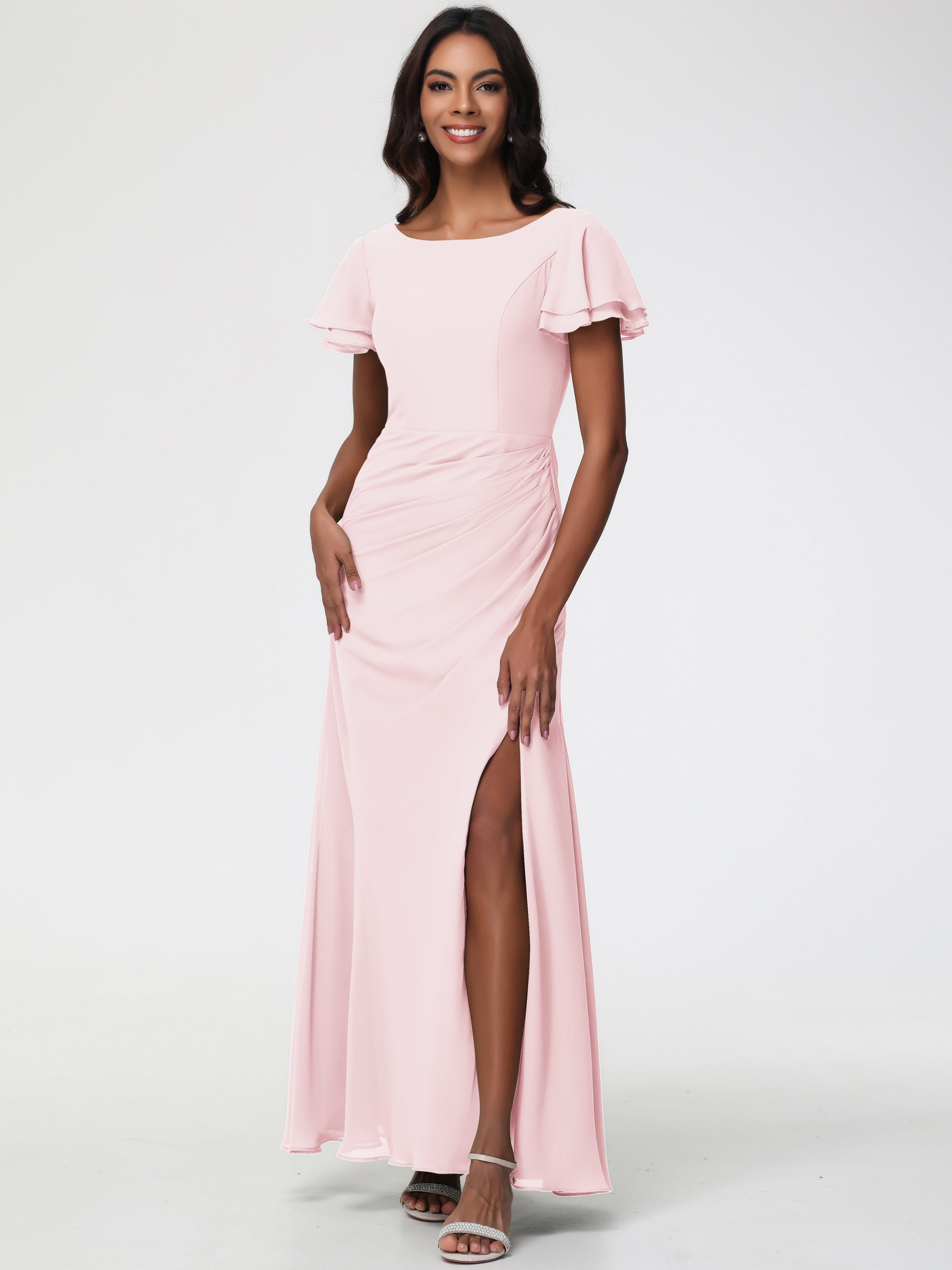 Sheath/Column Short Sleeves Split Long Chiffon Bridesmaid Dresses