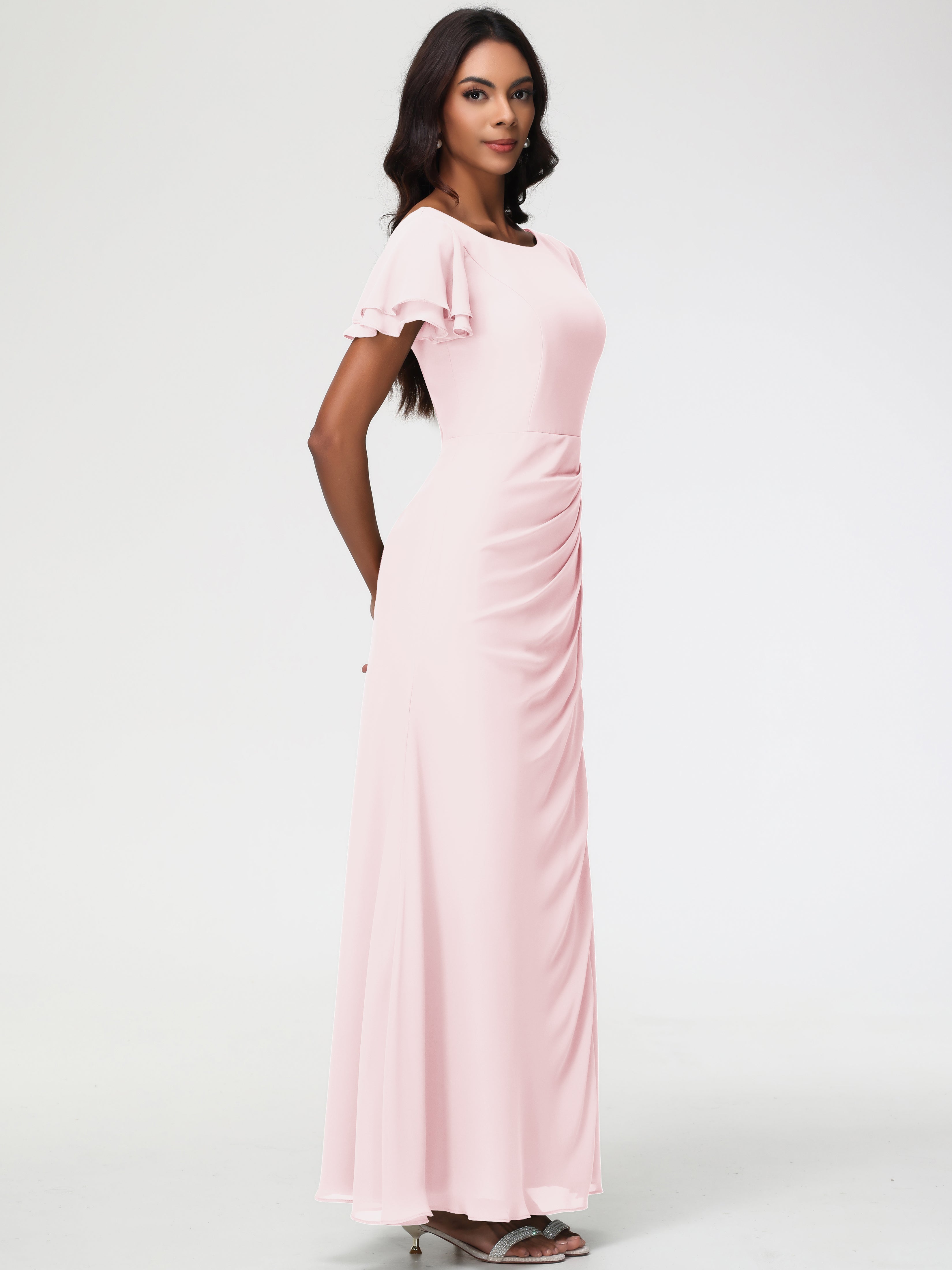 Sheath/Column Short Sleeves Split Long Chiffon Bridesmaid Dresses