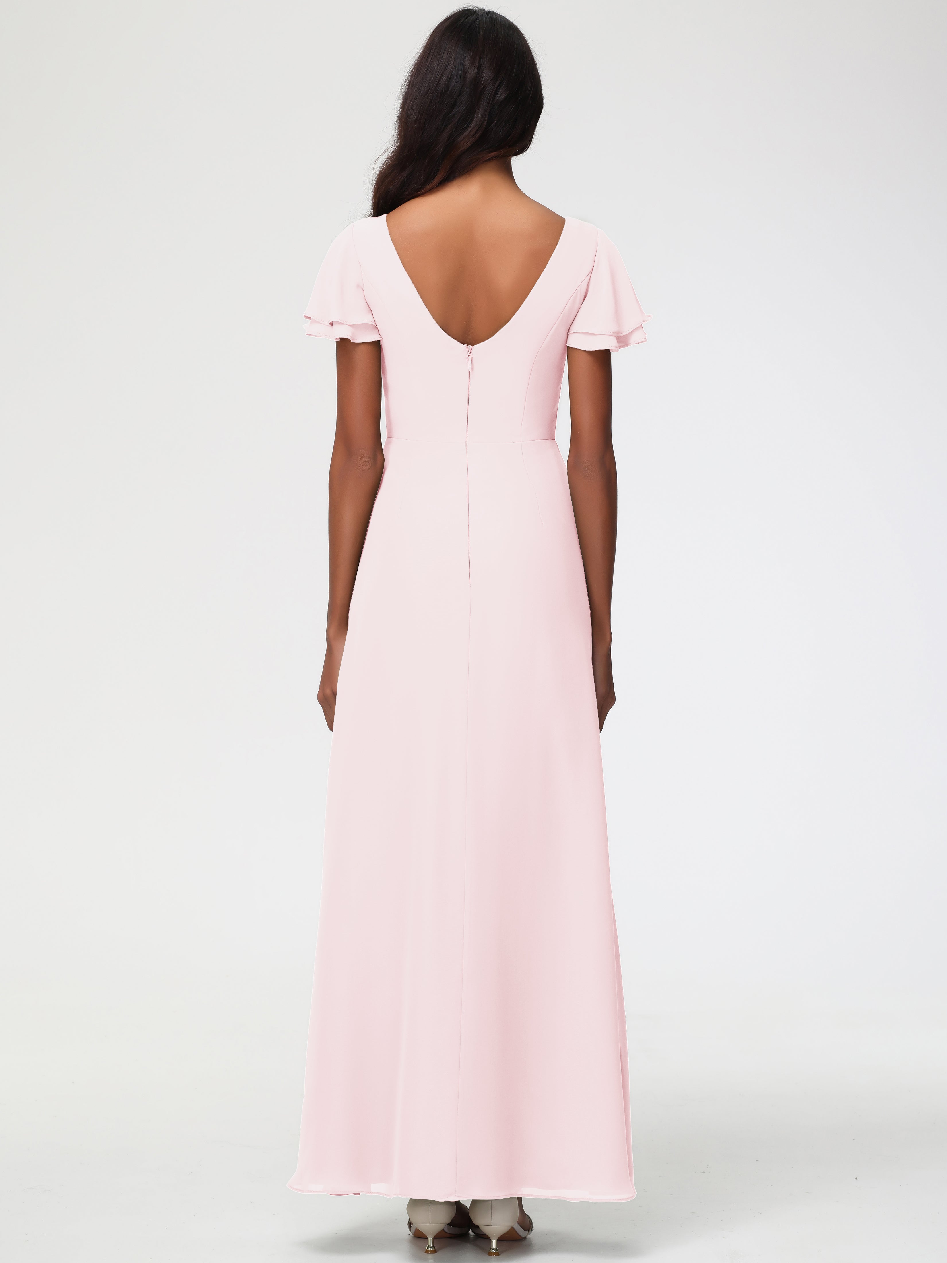 Sheath/Column Short Sleeves Split Long Chiffon Bridesmaid Dresses