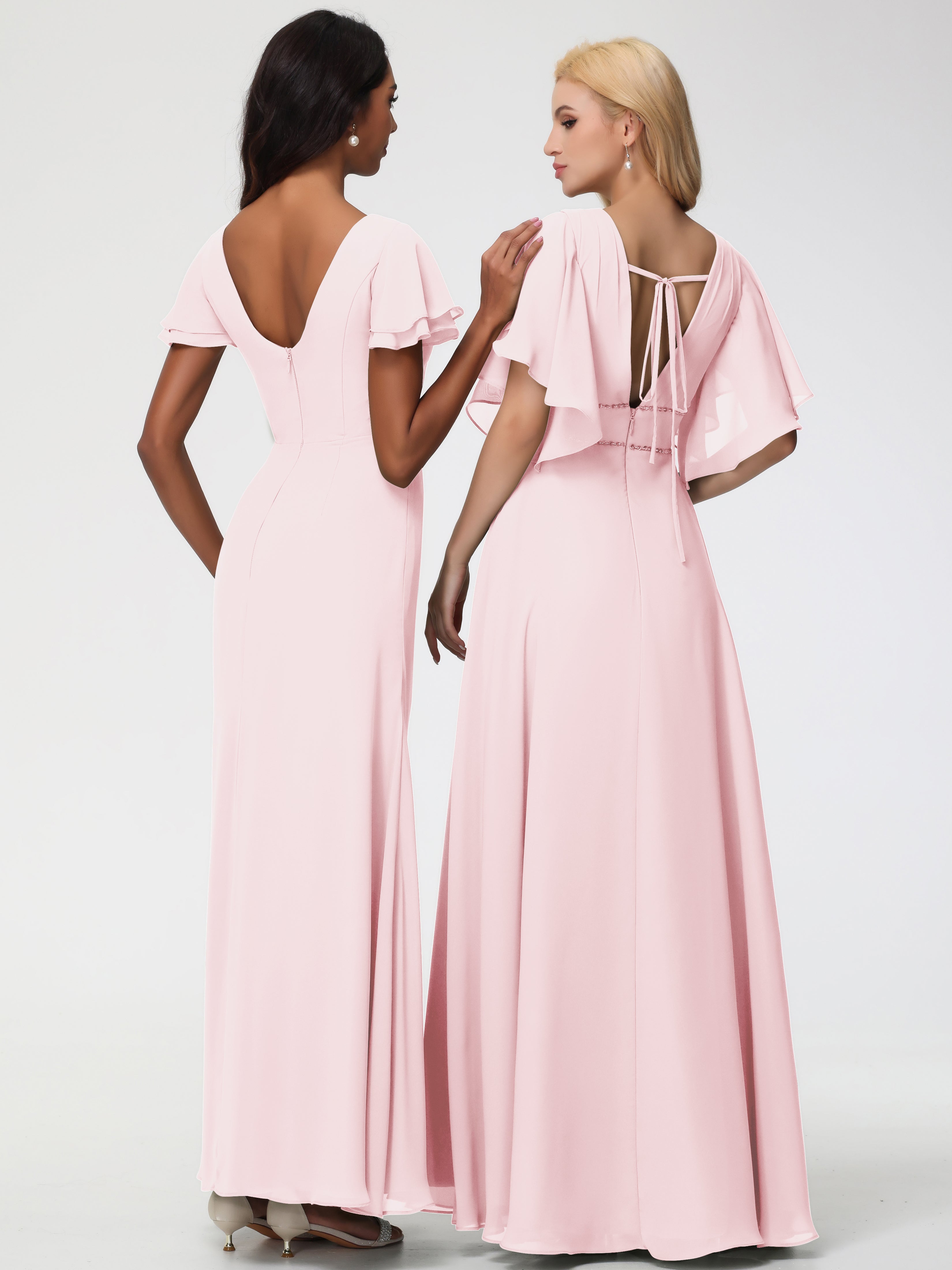 Sheath/Column Short Sleeves Split Long Chiffon Bridesmaid Dresses