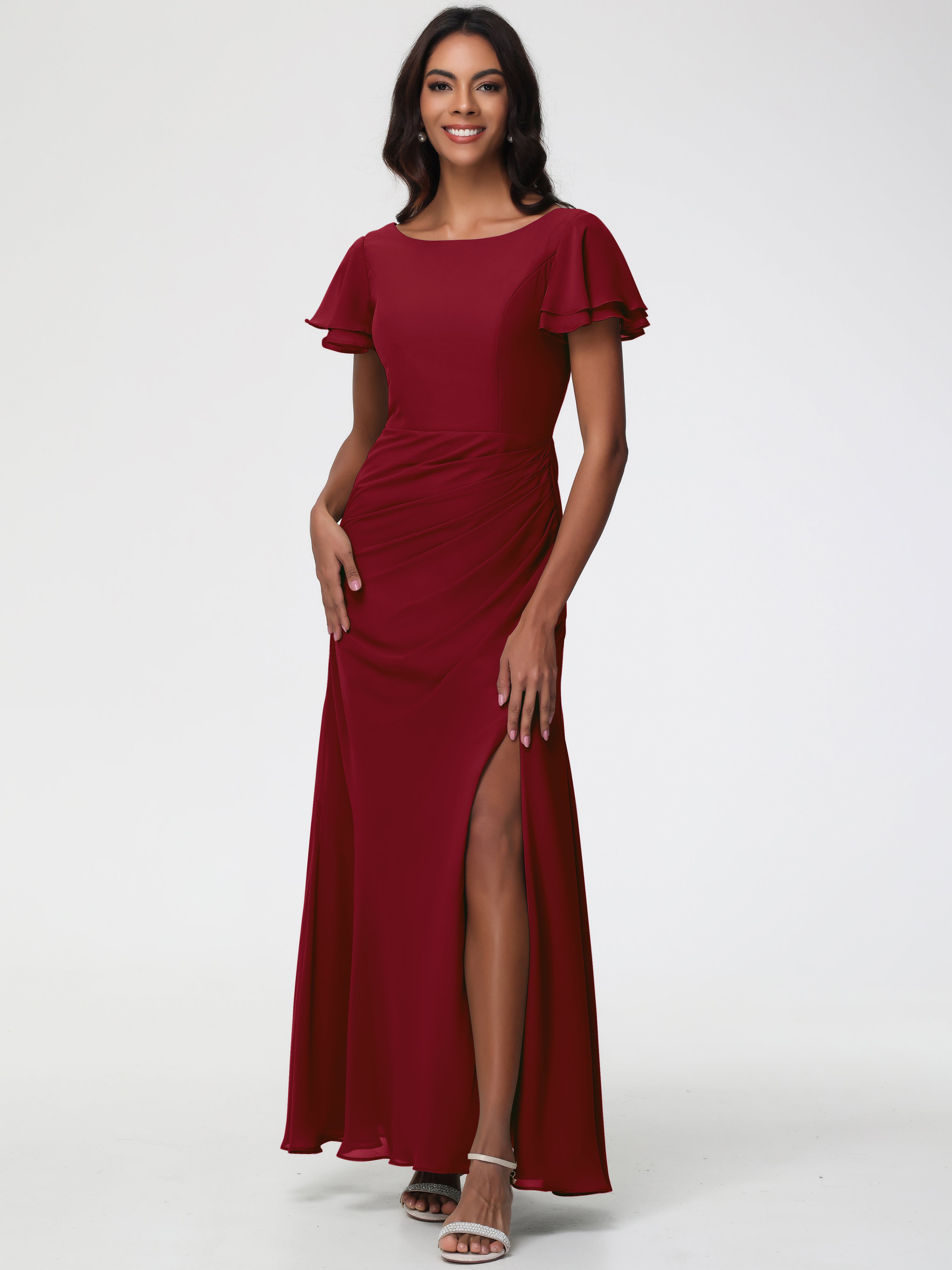 Burgundy Bridesmaid Dresses Uk Sheath/Column Short Sleeves Split Long