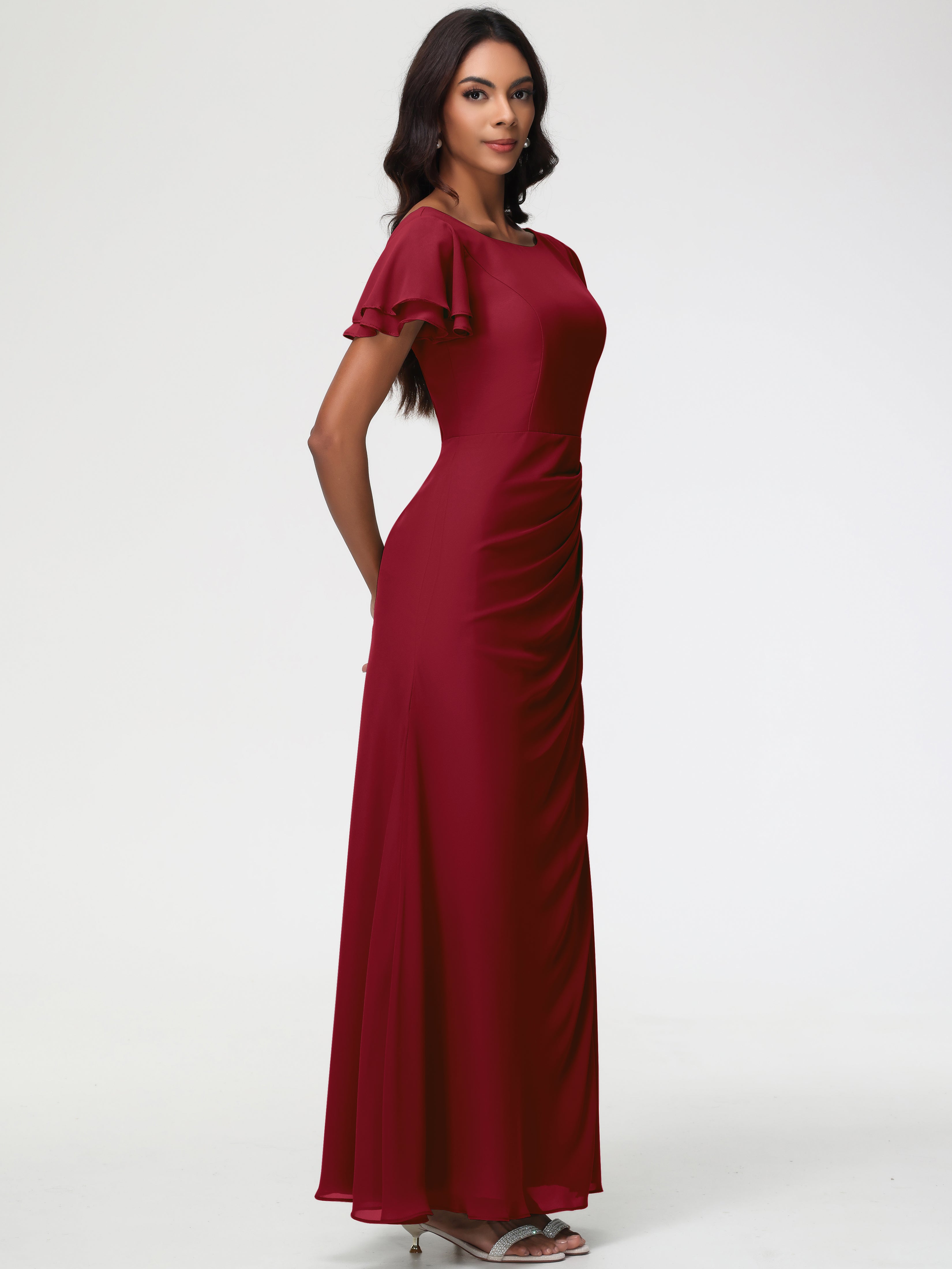 Sheath/Column Short Sleeves Split Long Chiffon Bridesmaid Dresses