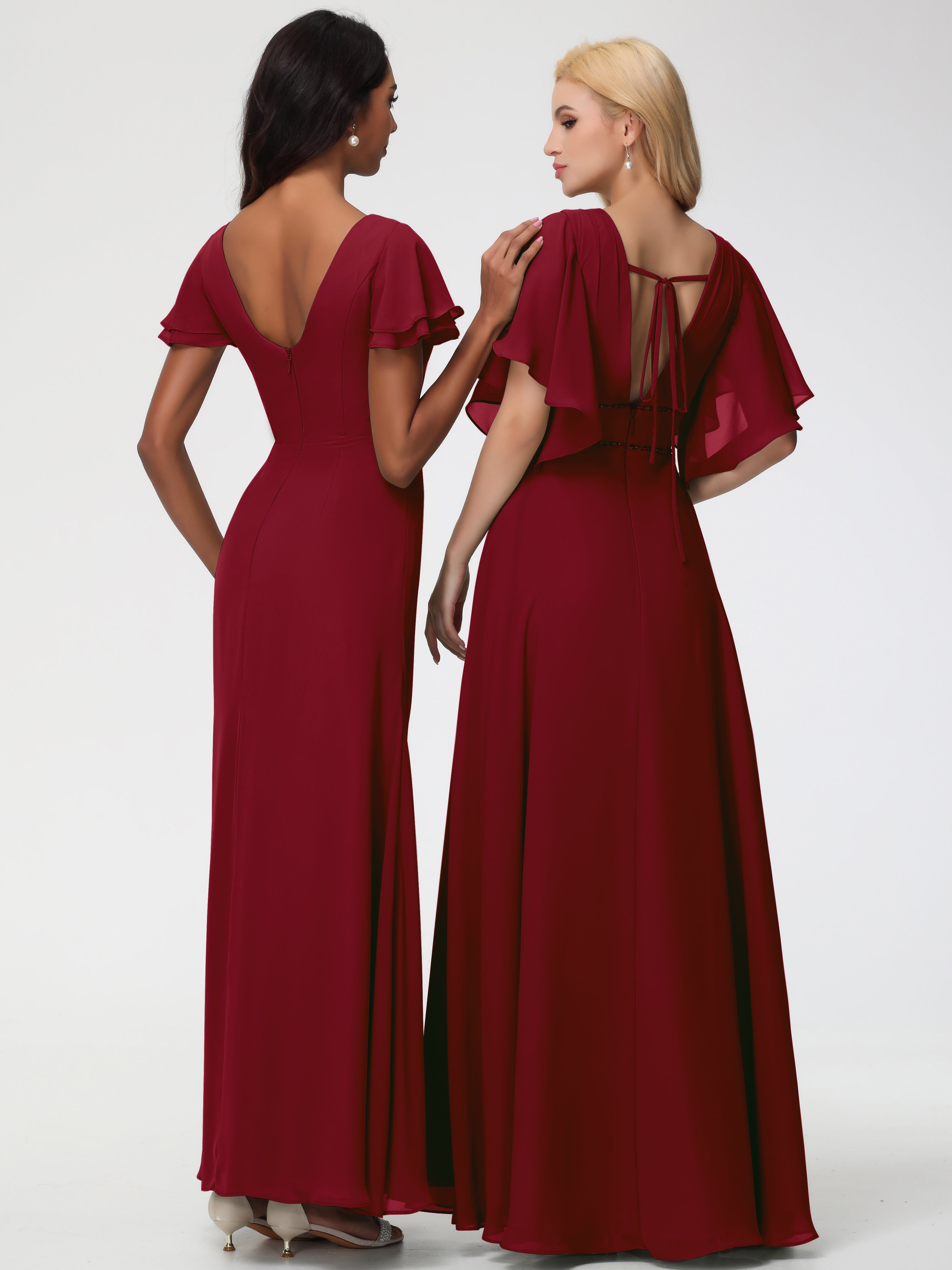 Sheath/Column Short Sleeves Split Long Chiffon Bridesmaid Dresses