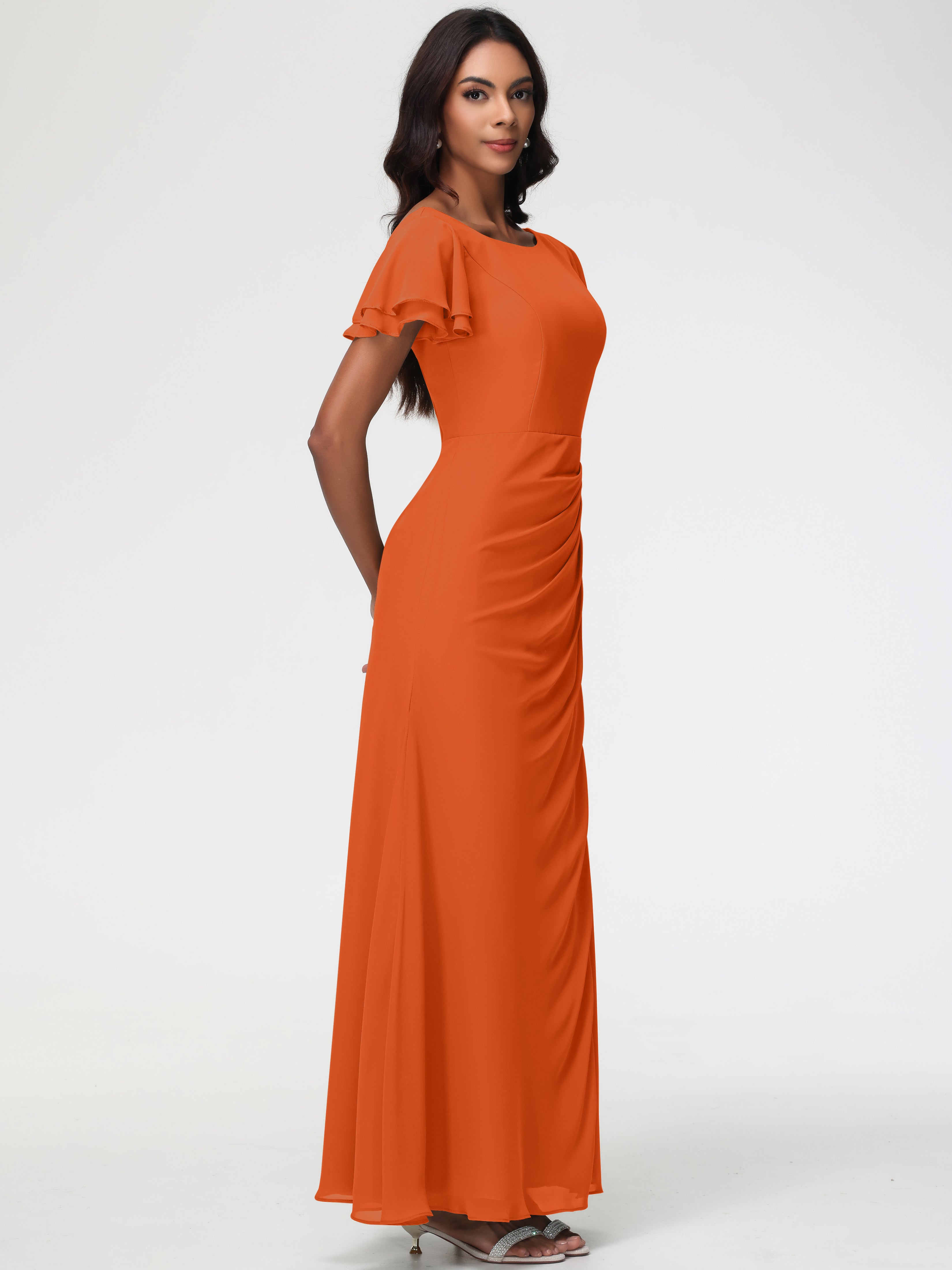 Sheath/Column Short Sleeves Split Long Chiffon Bridesmaid Dresses