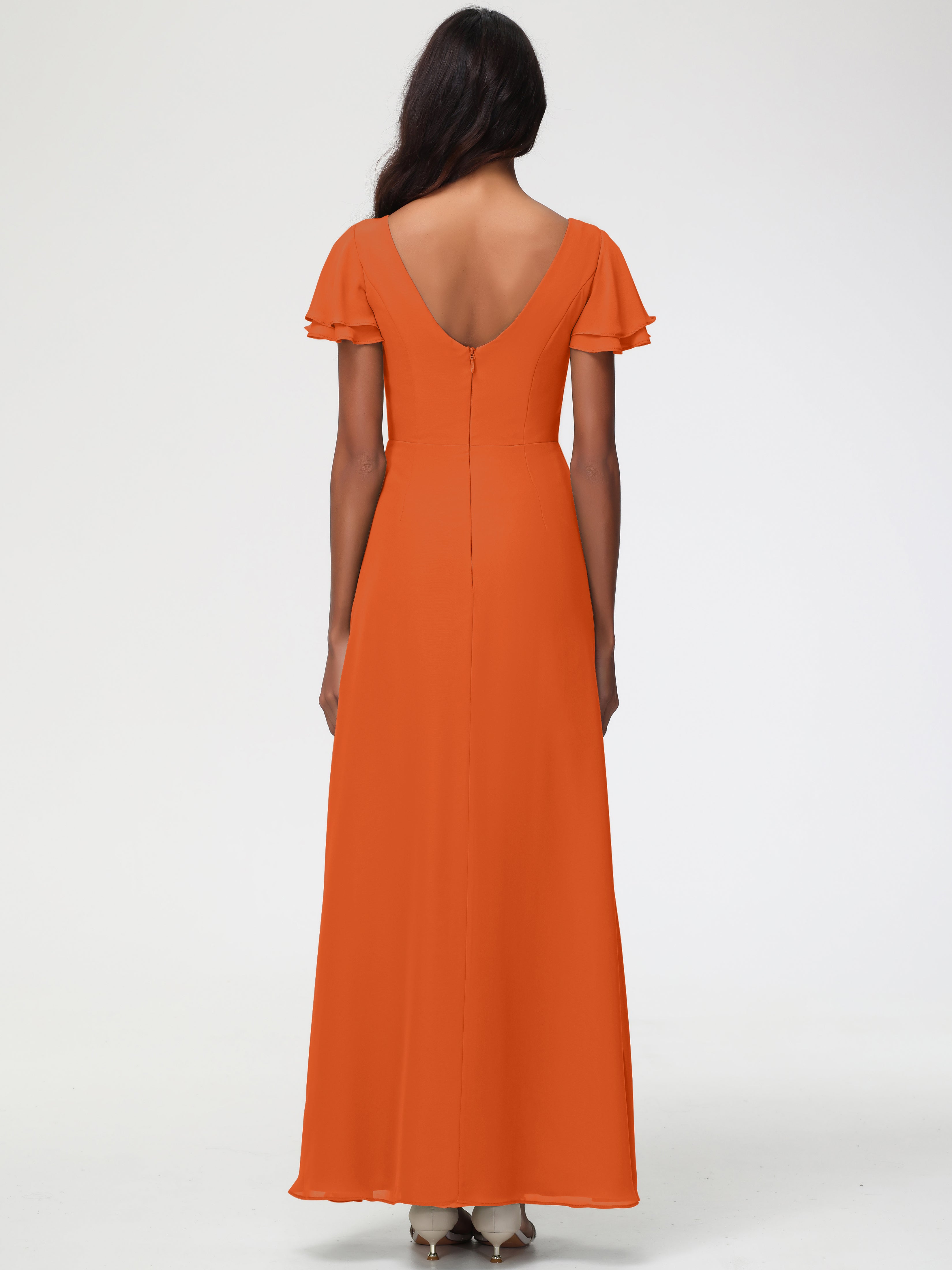 Sheath/Column Short Sleeves Split Long Chiffon Bridesmaid Dresses