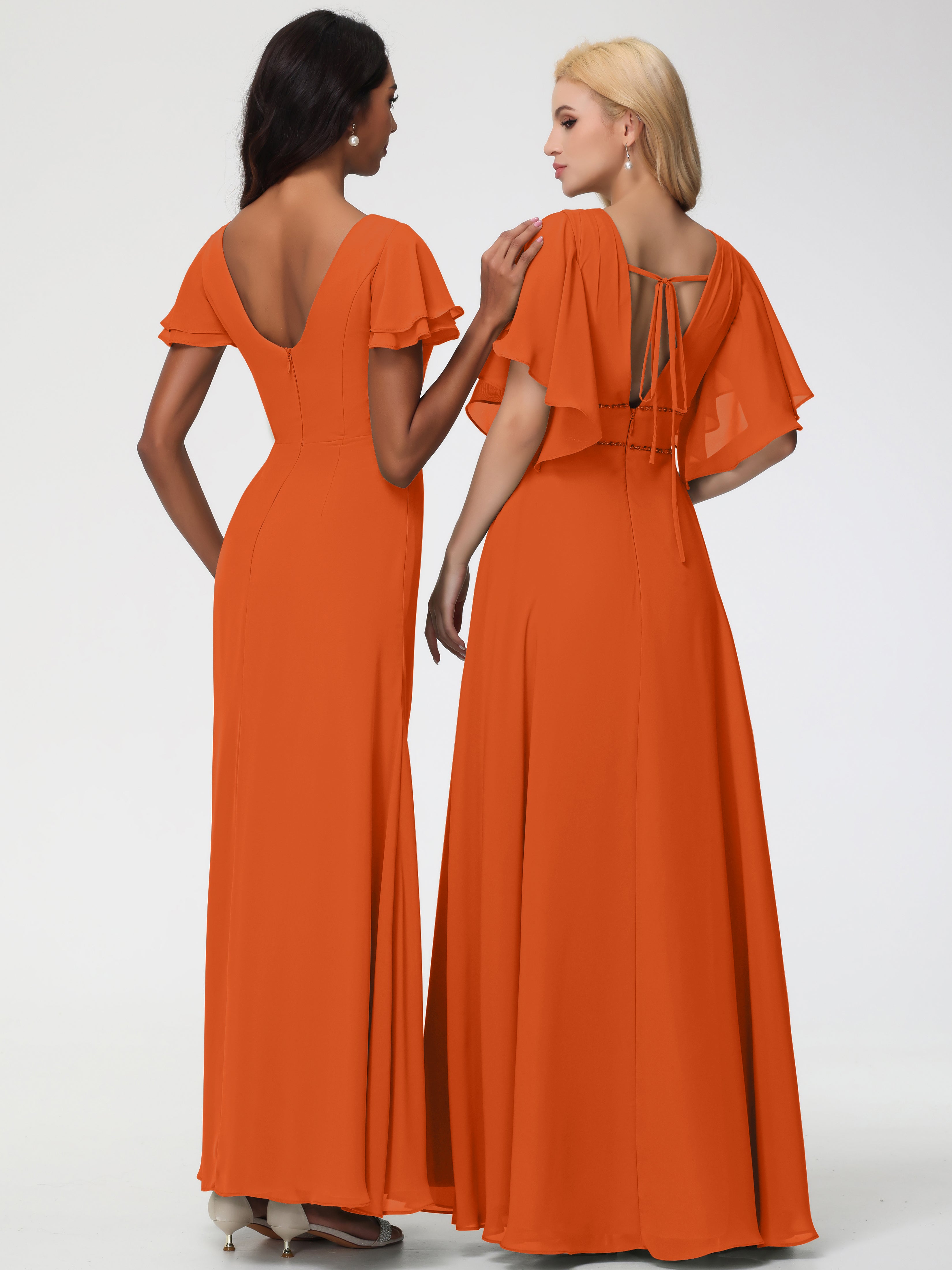 Sheath/Column Short Sleeves Split Long Chiffon Bridesmaid Dresses