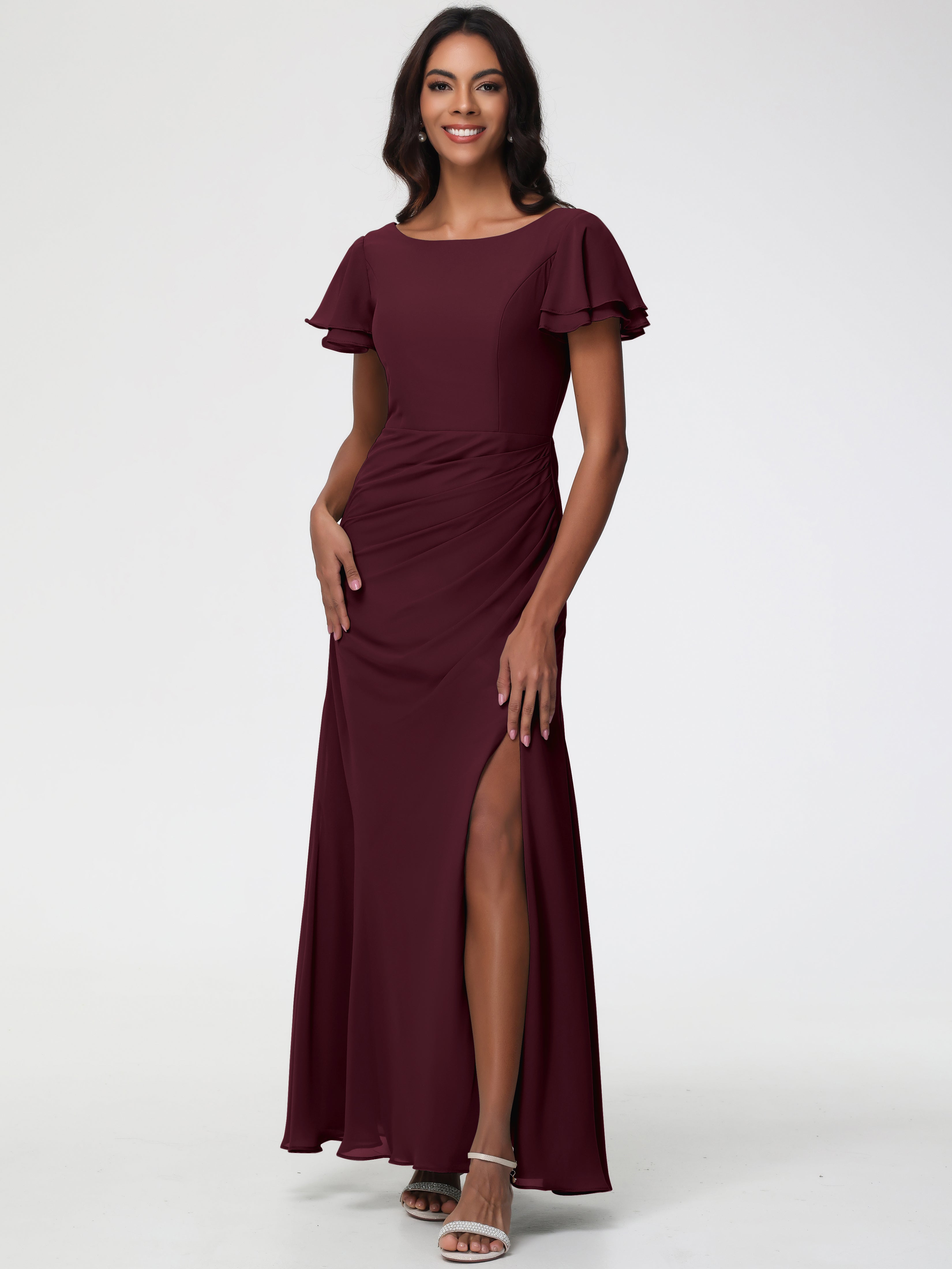 Cabernet Bridesmaid Dress Sheath/Column Short Sleeves Split Long Chiff