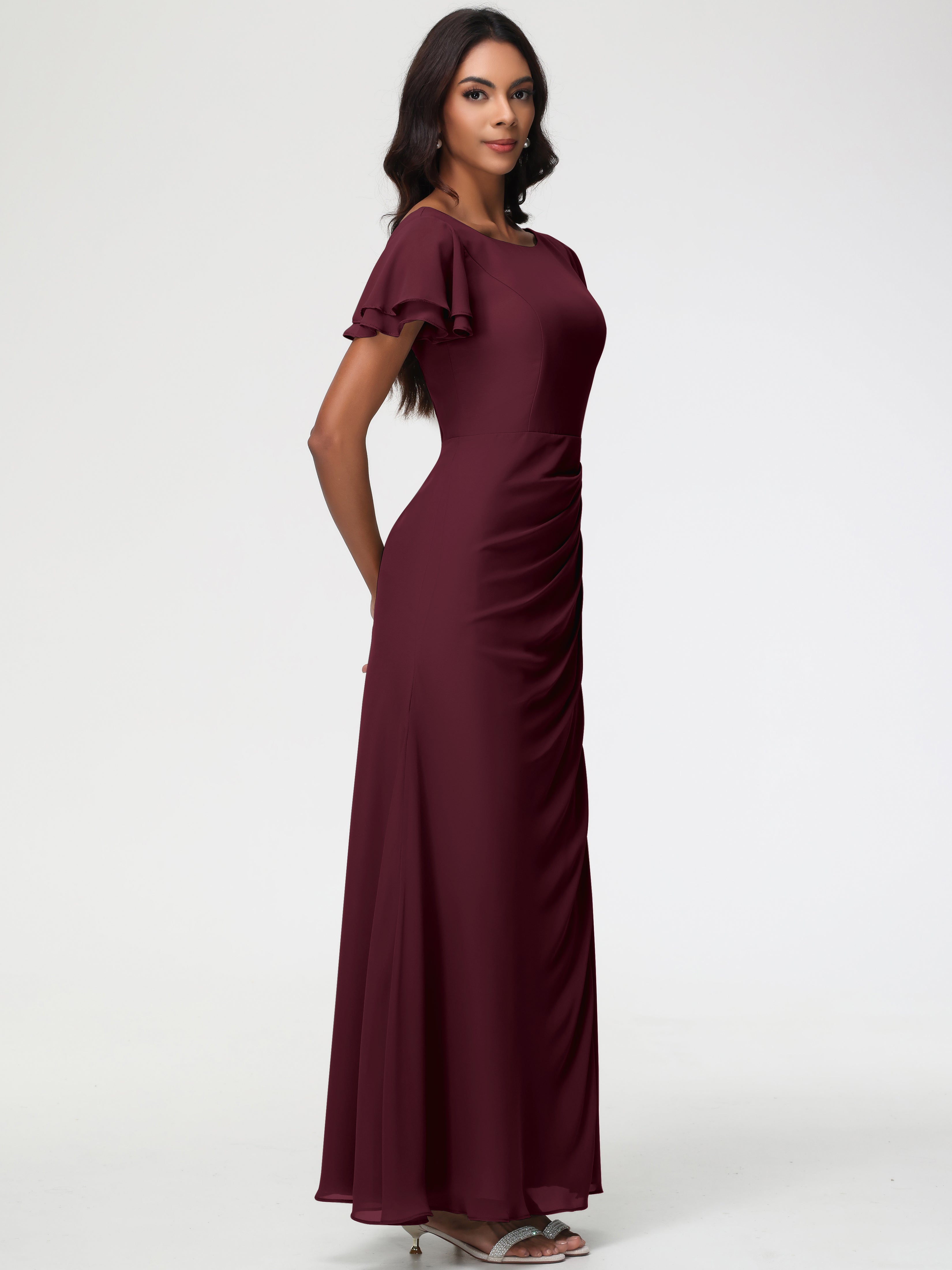 Sheath/Column Short Sleeves Split Long Chiffon Bridesmaid Dresses