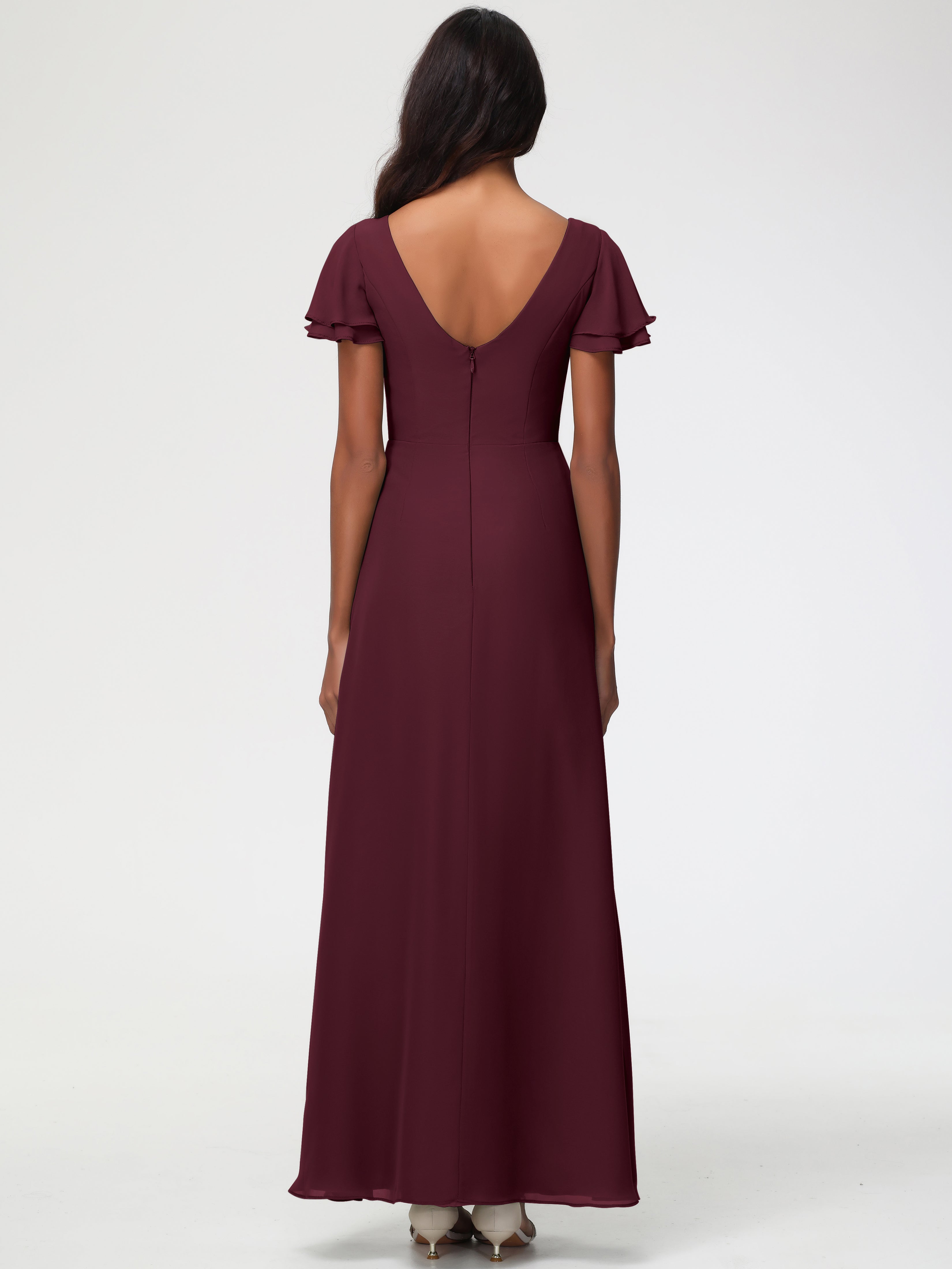 Sheath/Column Short Sleeves Split Long Chiffon Bridesmaid Dresses