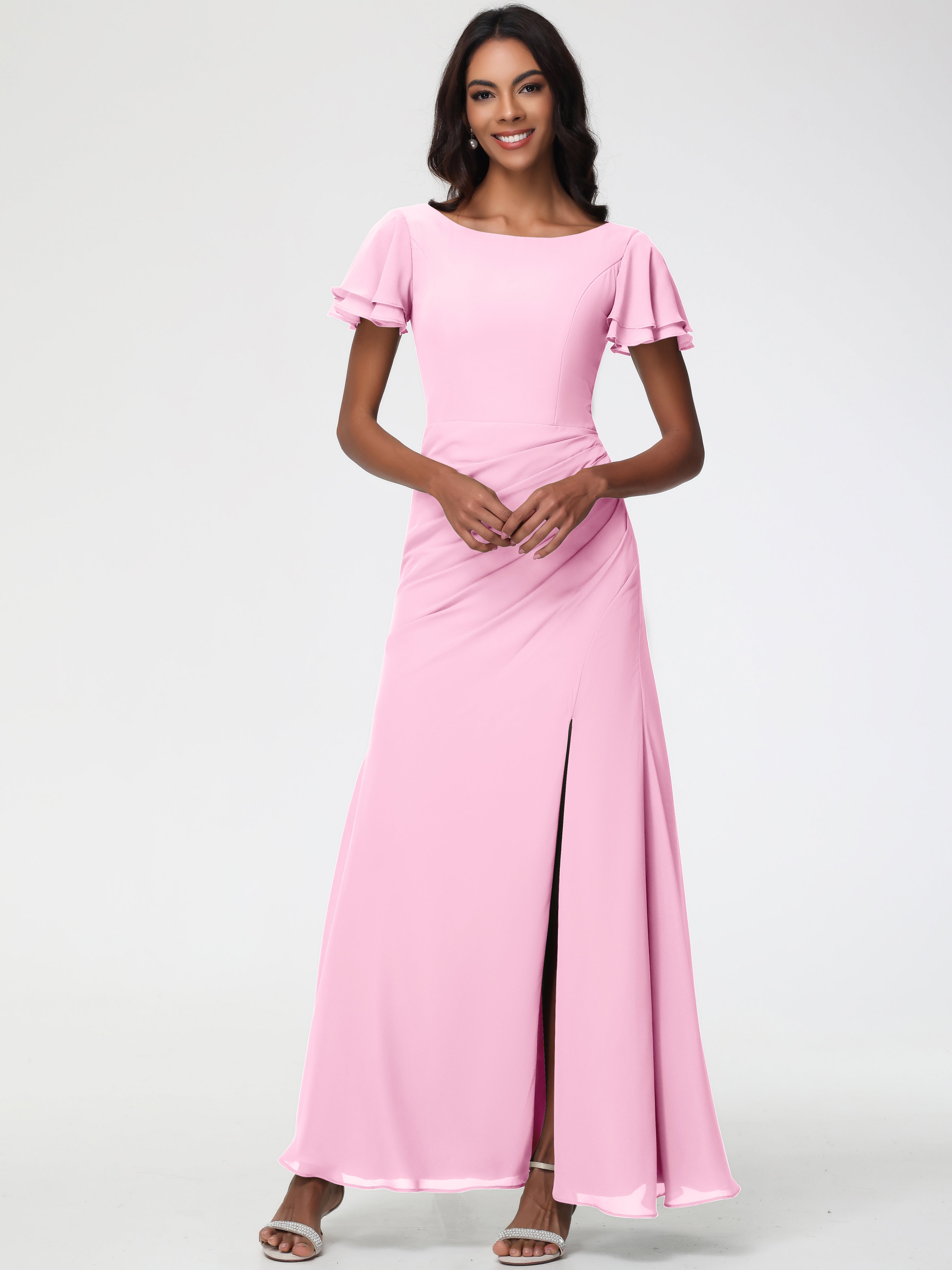 Sheath/Column Short Sleeves Split Long Chiffon Bridesmaid Dresses