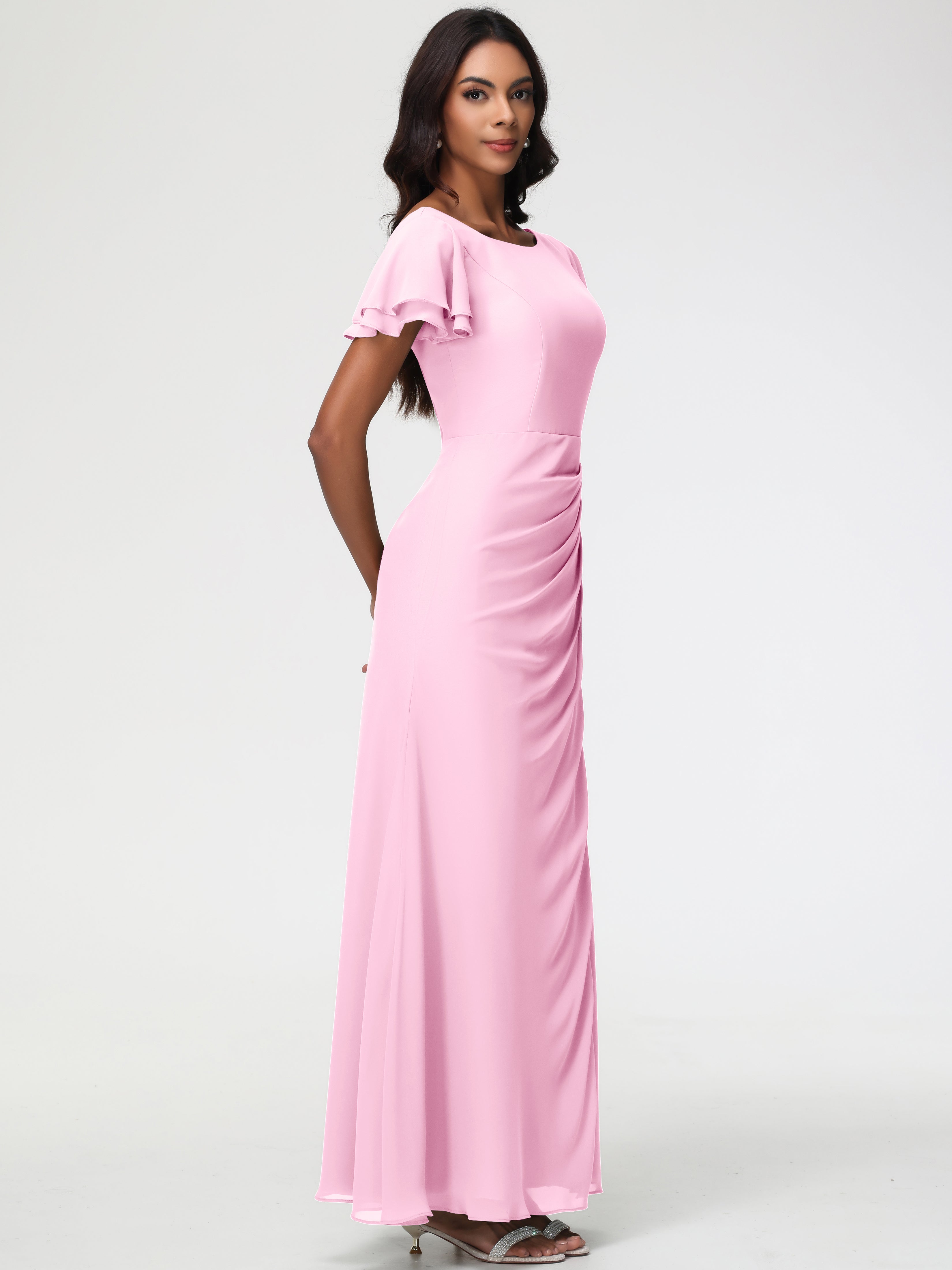 Sheath/Column Short Sleeves Split Long Chiffon Bridesmaid Dresses