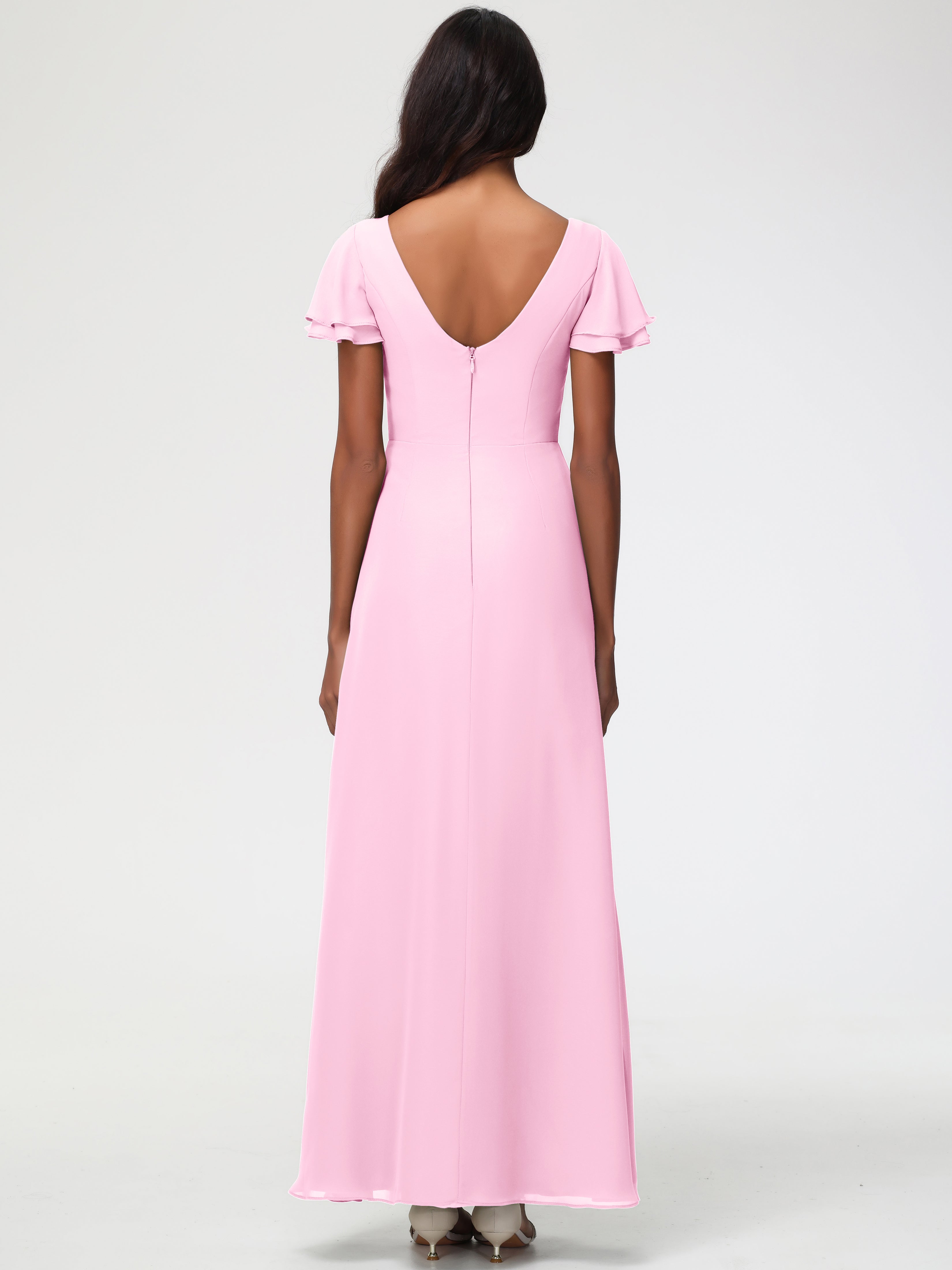 Sheath/Column Short Sleeves Split Long Chiffon Bridesmaid Dresses