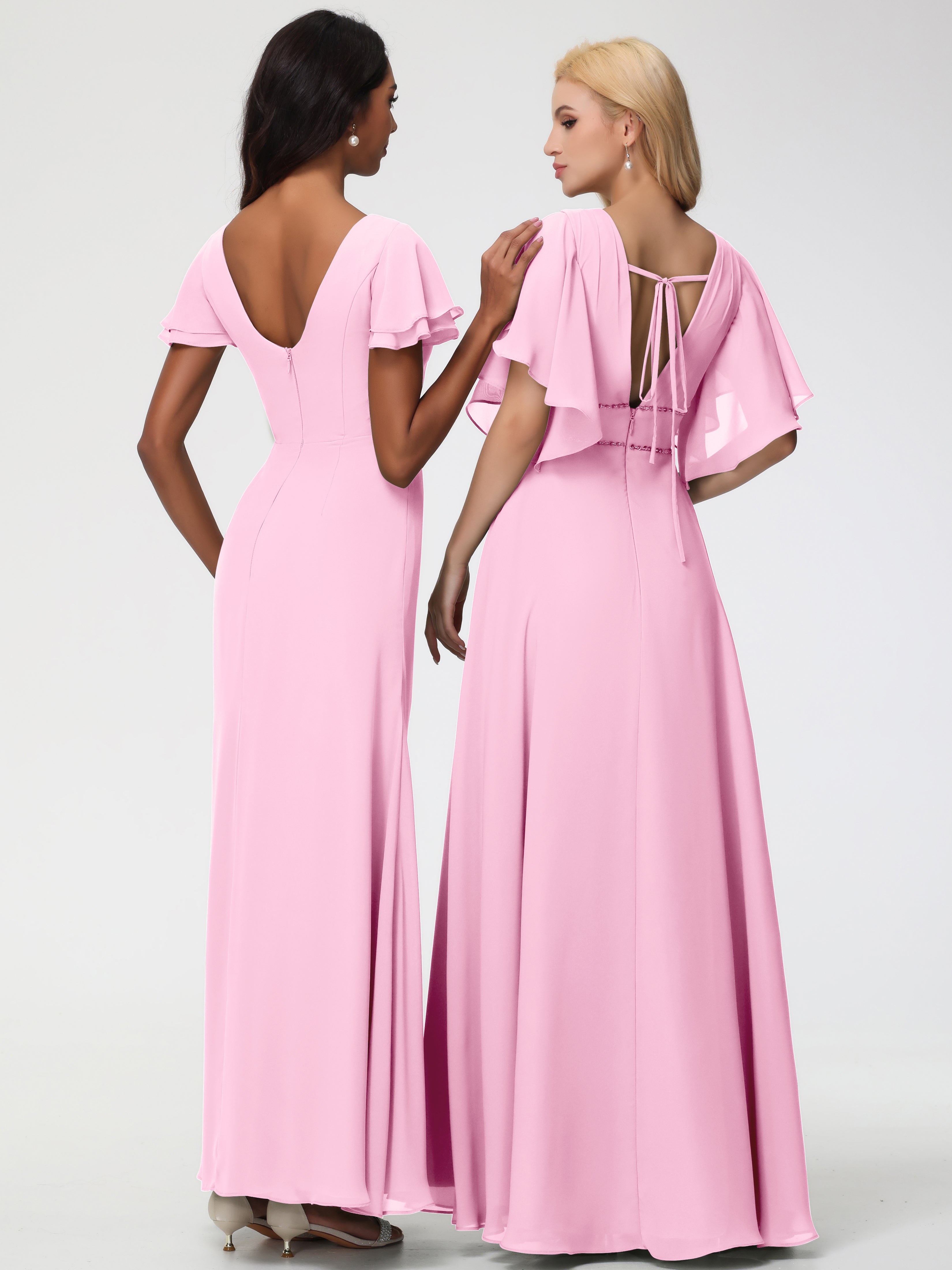 Sheath/Column Short Sleeves Split Long Chiffon Bridesmaid Dresses