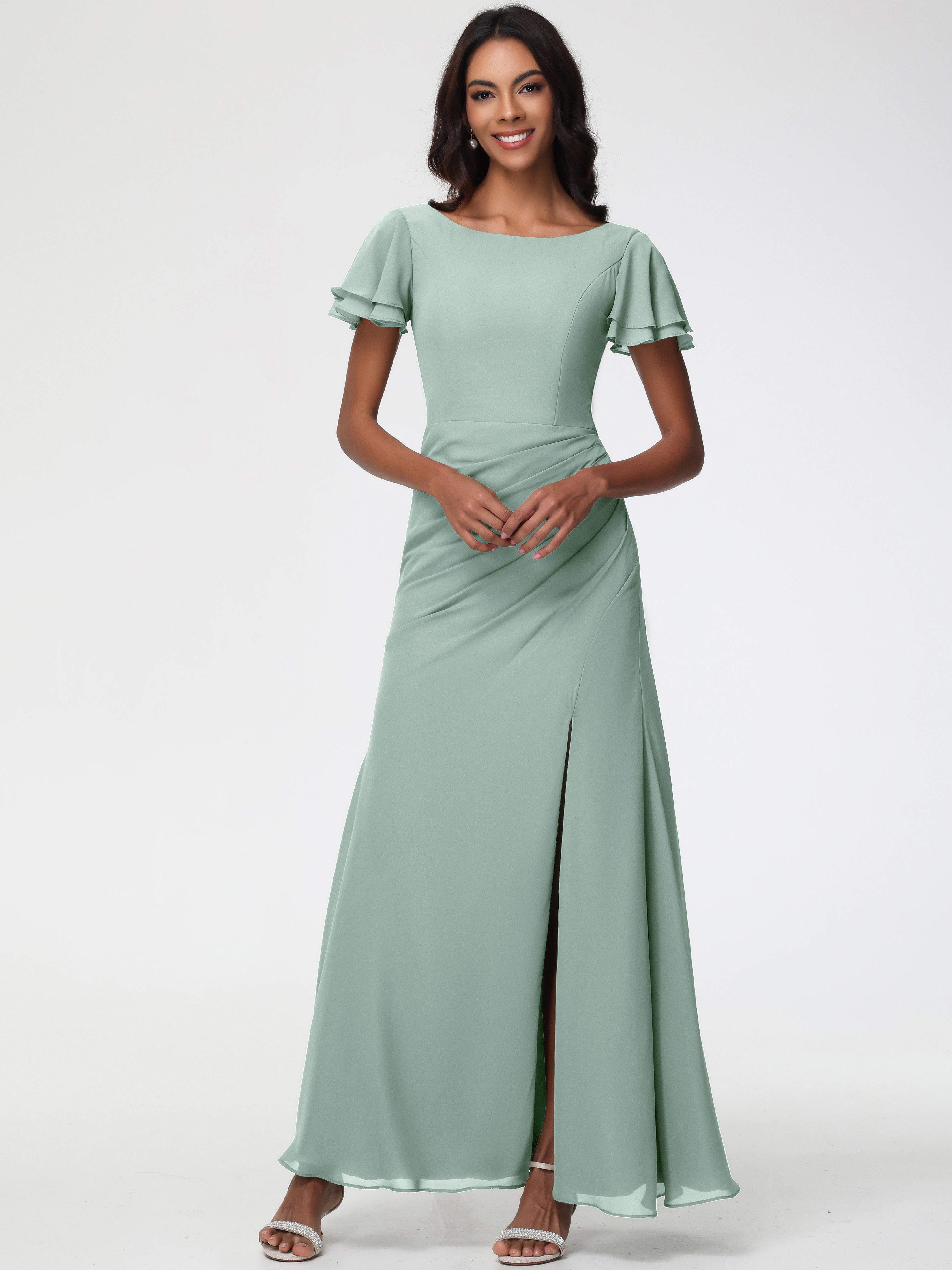Sheath/Column Short Sleeves Split Long Chiffon Bridesmaid Dresses