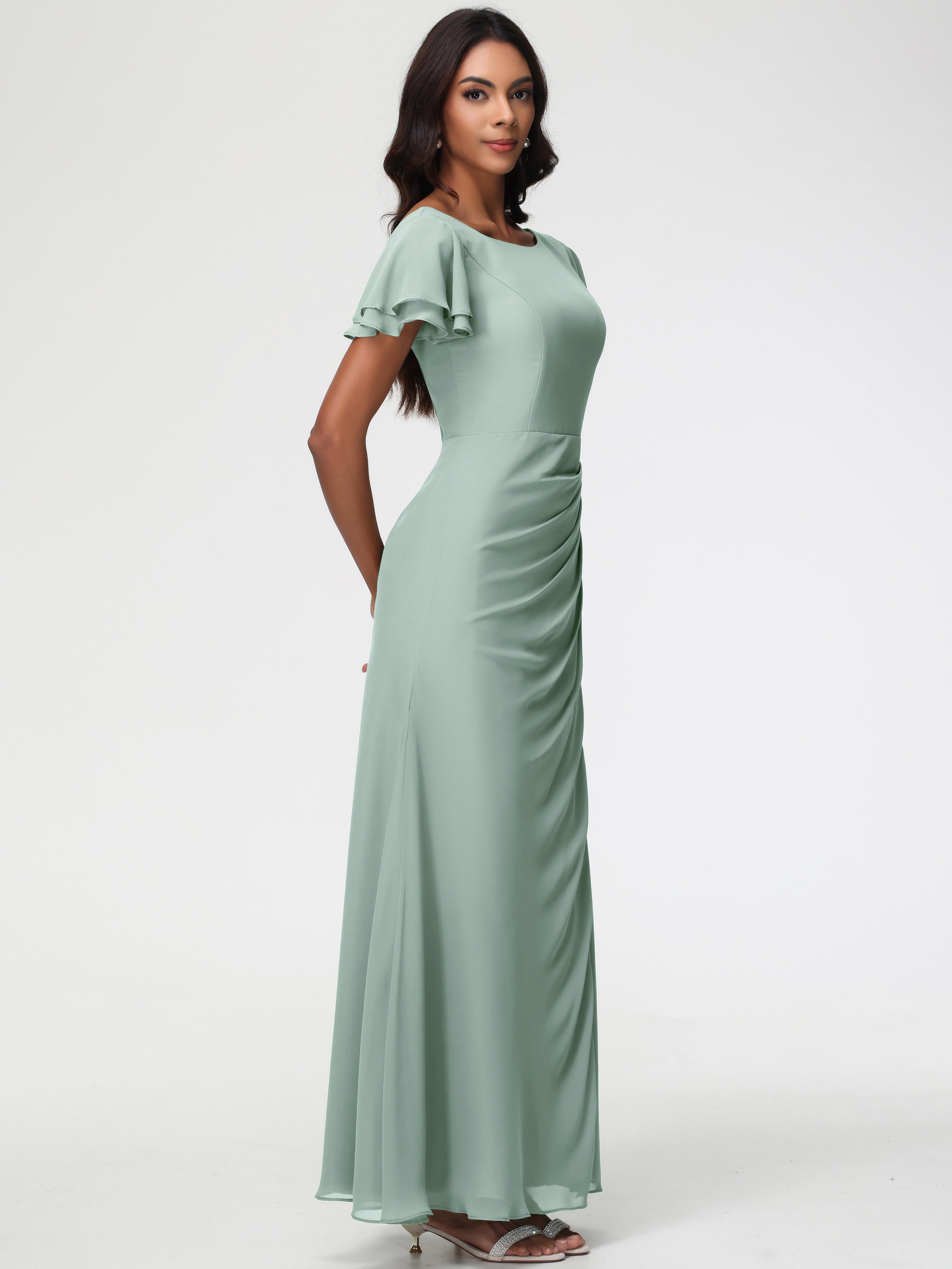 Sheath/Column Short Sleeves Split Long Chiffon Bridesmaid Dresses