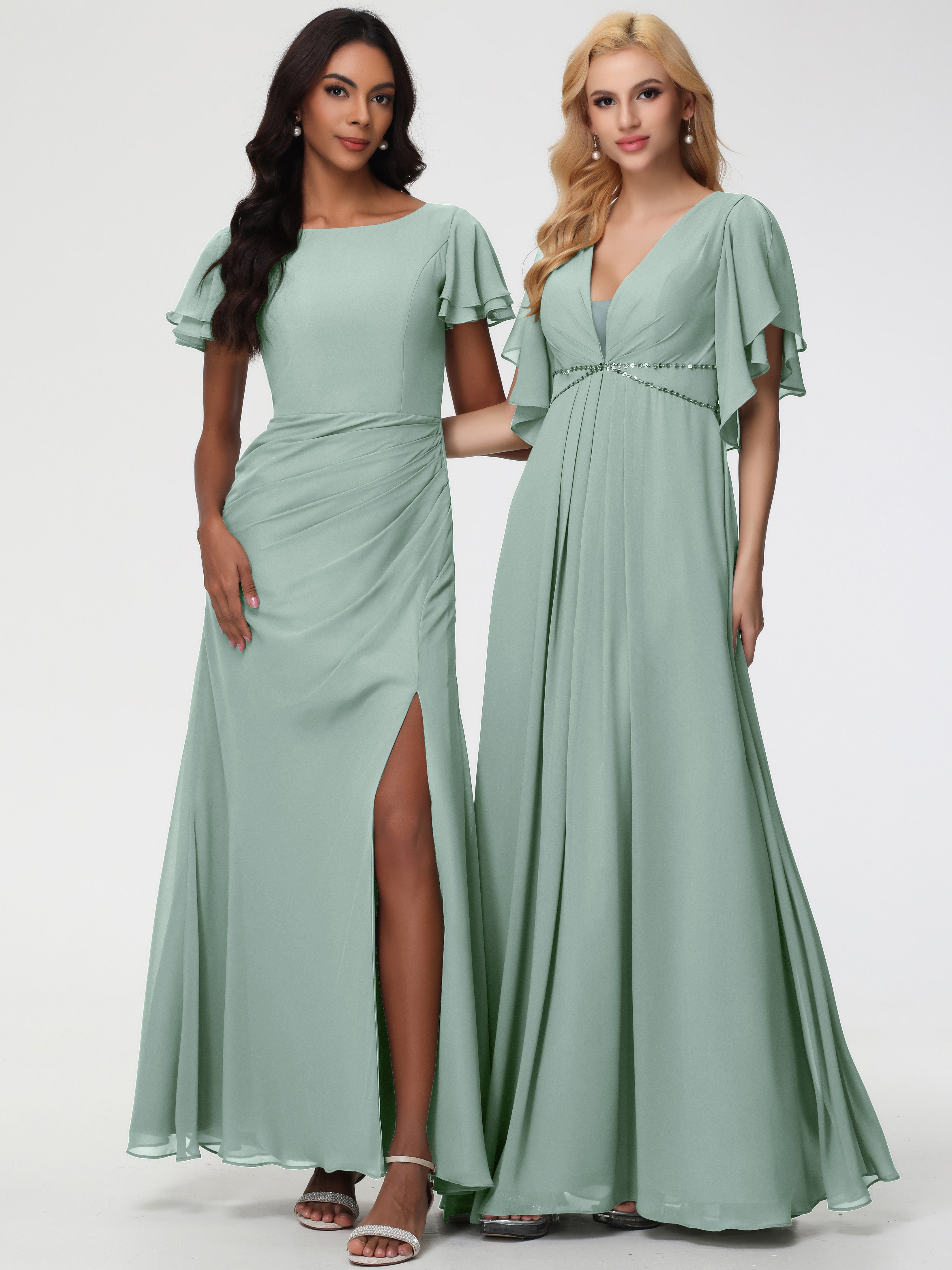 Sheath/Column Short Sleeves Split Long Chiffon Bridesmaid Dresses