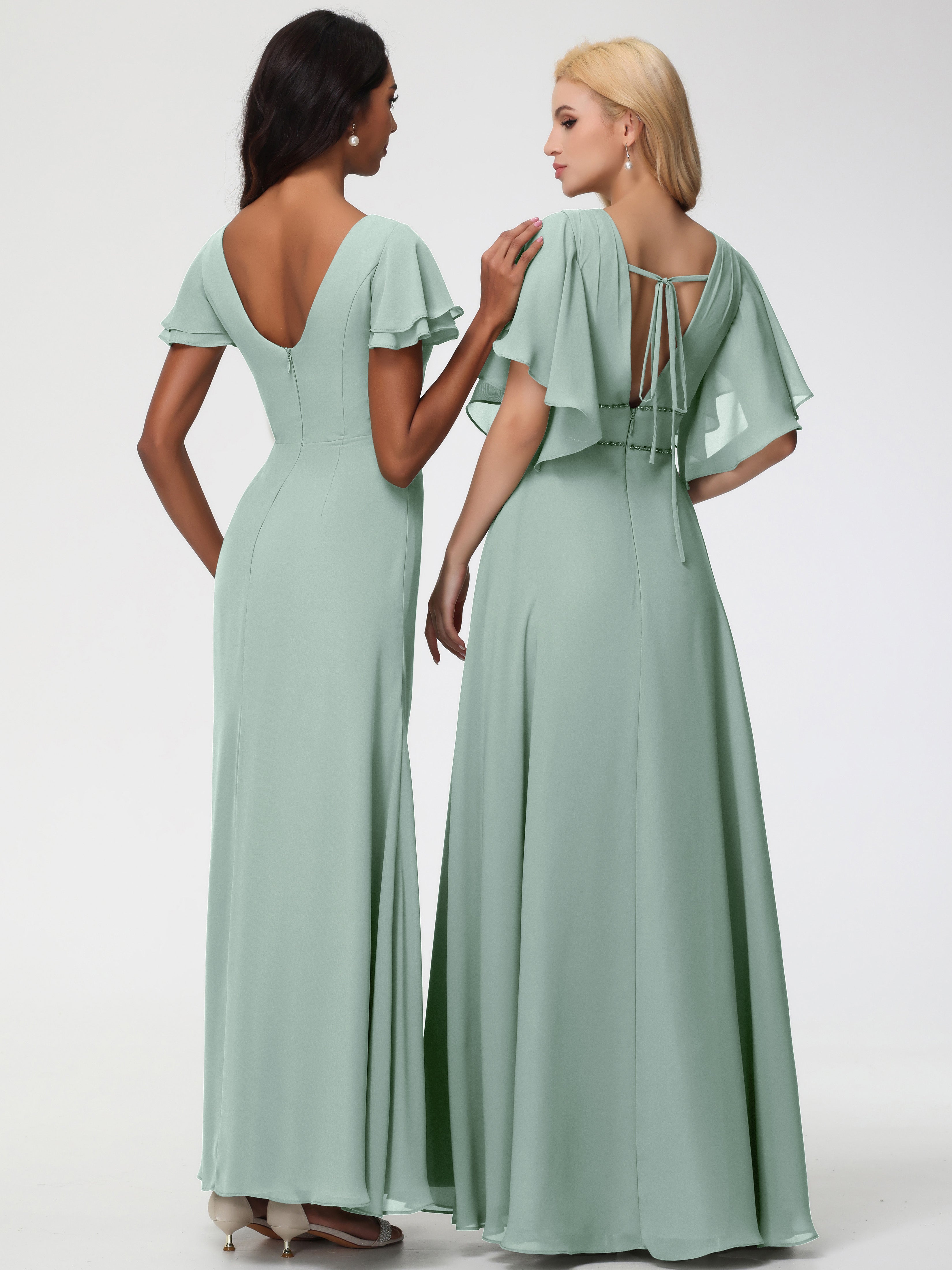 Sheath/Column Short Sleeves Split Long Chiffon Bridesmaid Dresses