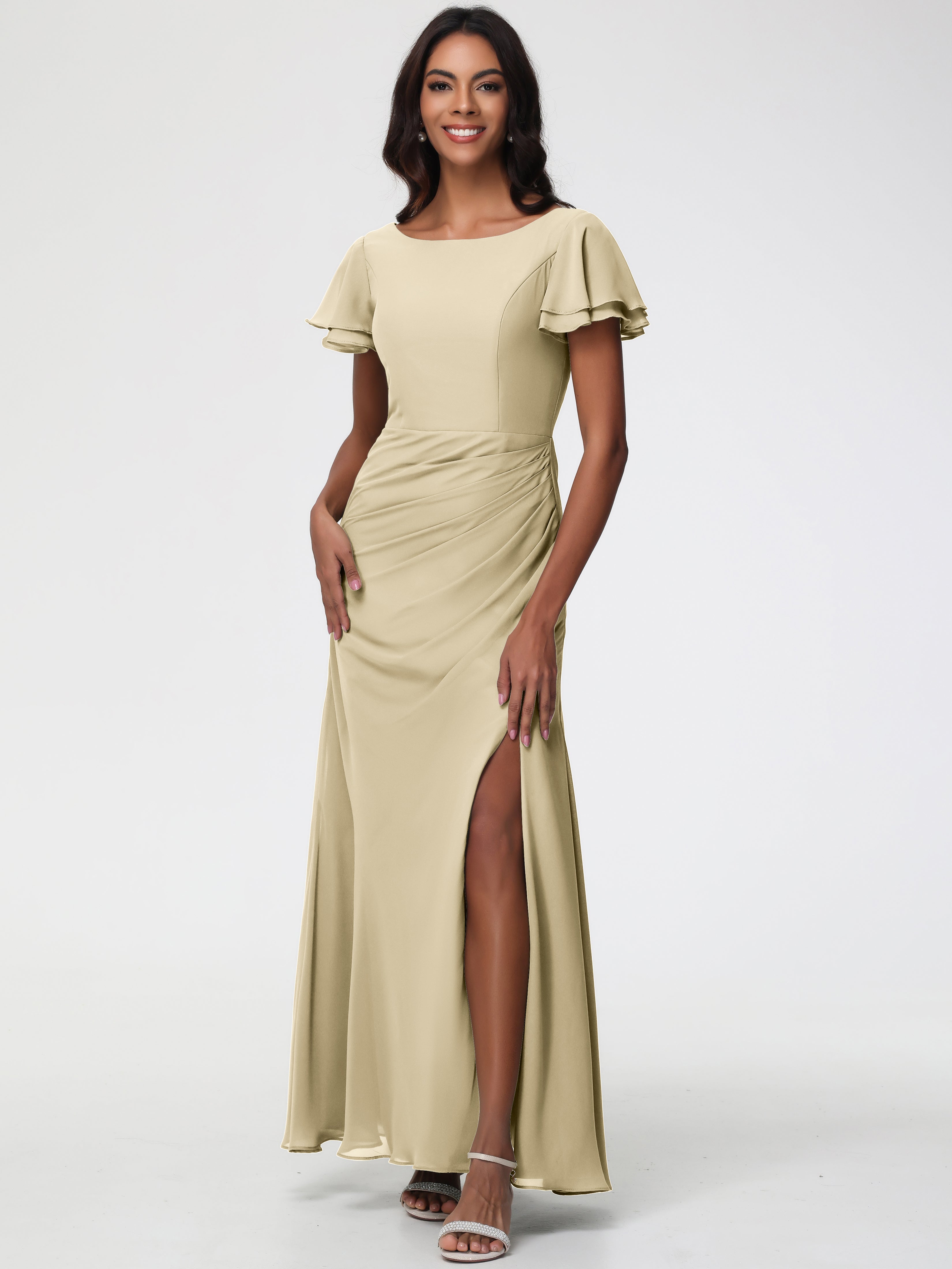 Sheath/Column Short Sleeves Split Long Chiffon Bridesmaid Dresses