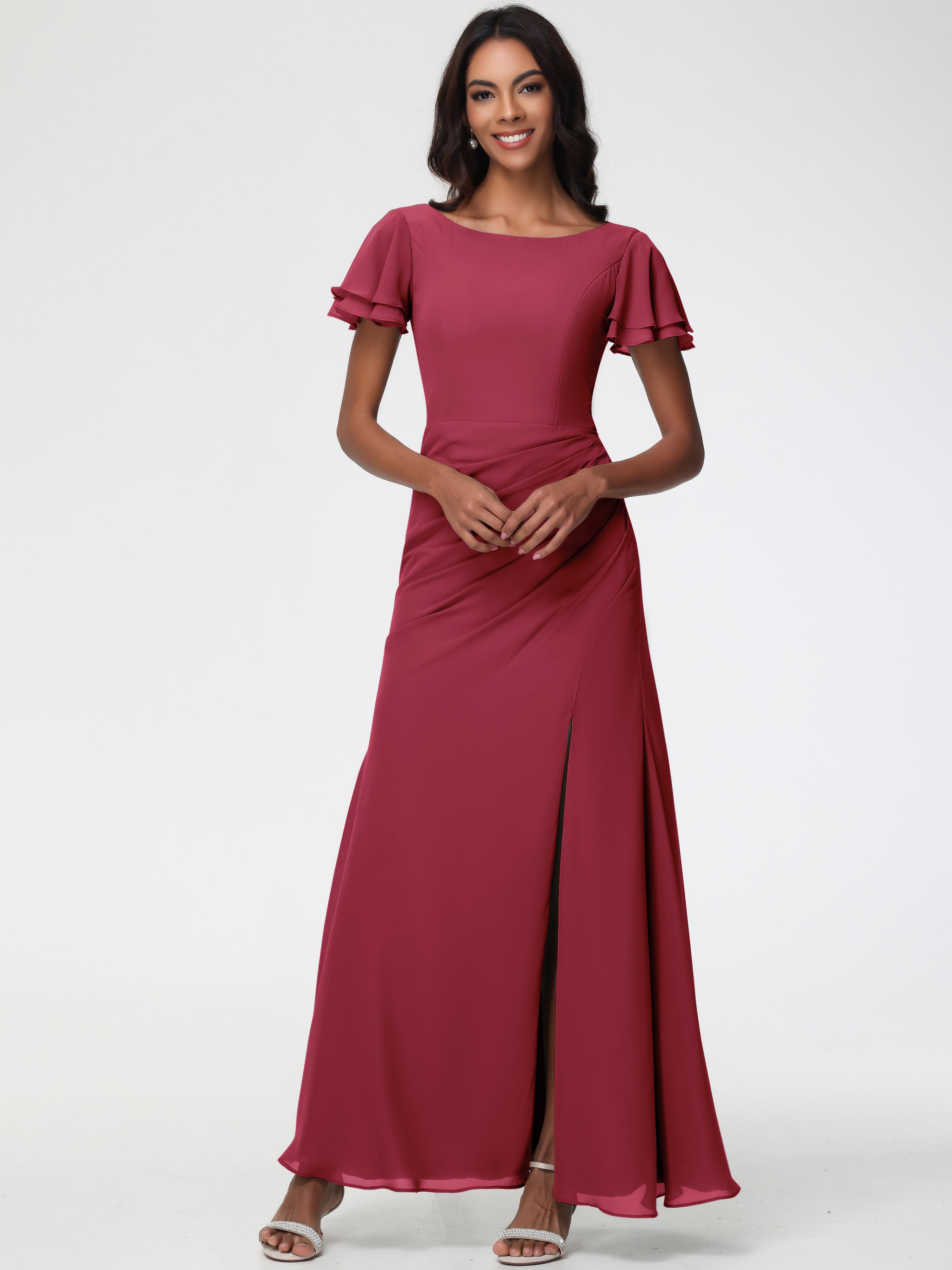 Sheath/Column Short Sleeves Split Long Chiffon Bridesmaid Dresses