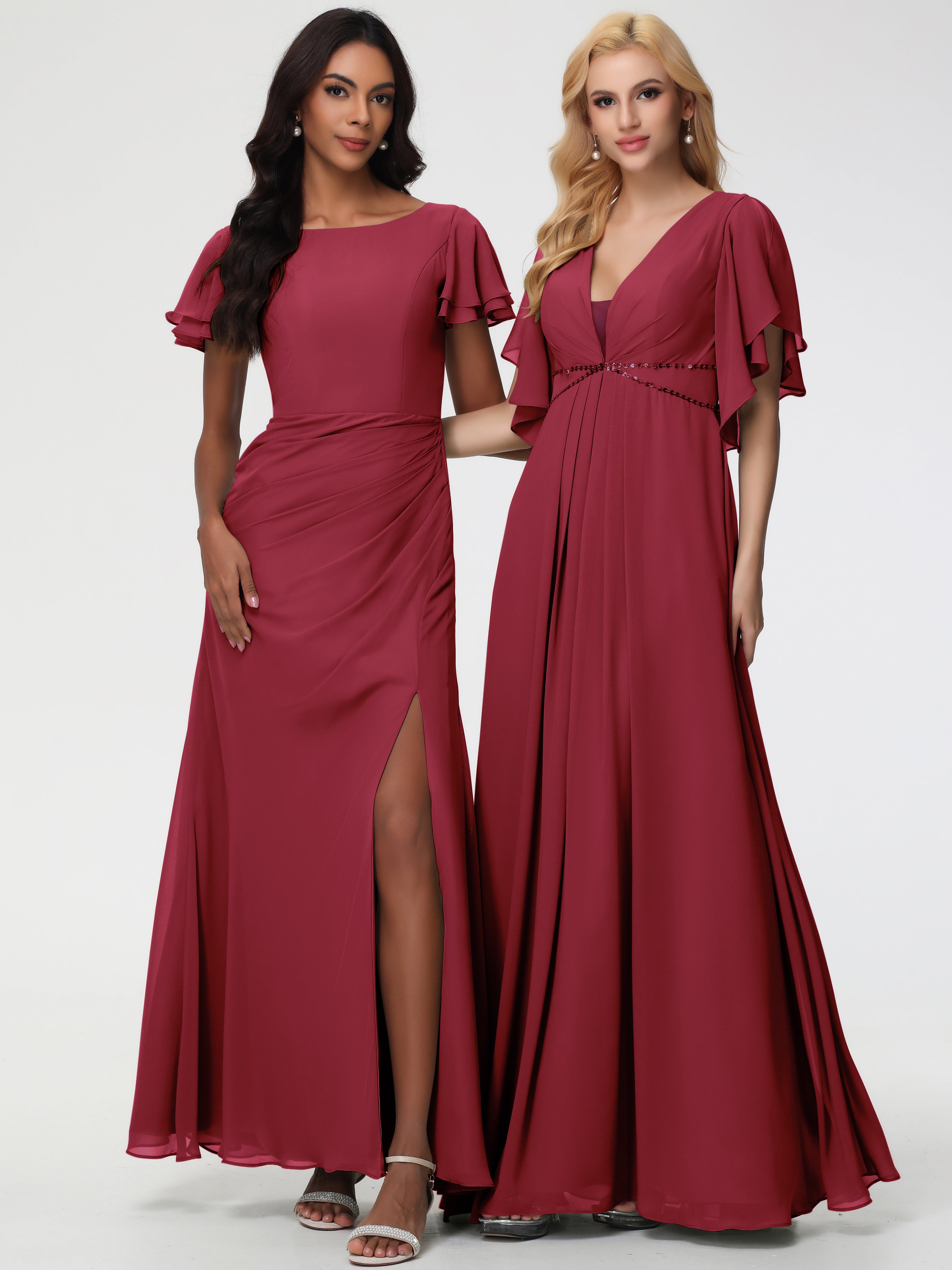 Sheath/Column Short Sleeves Split Long Chiffon Bridesmaid Dresses