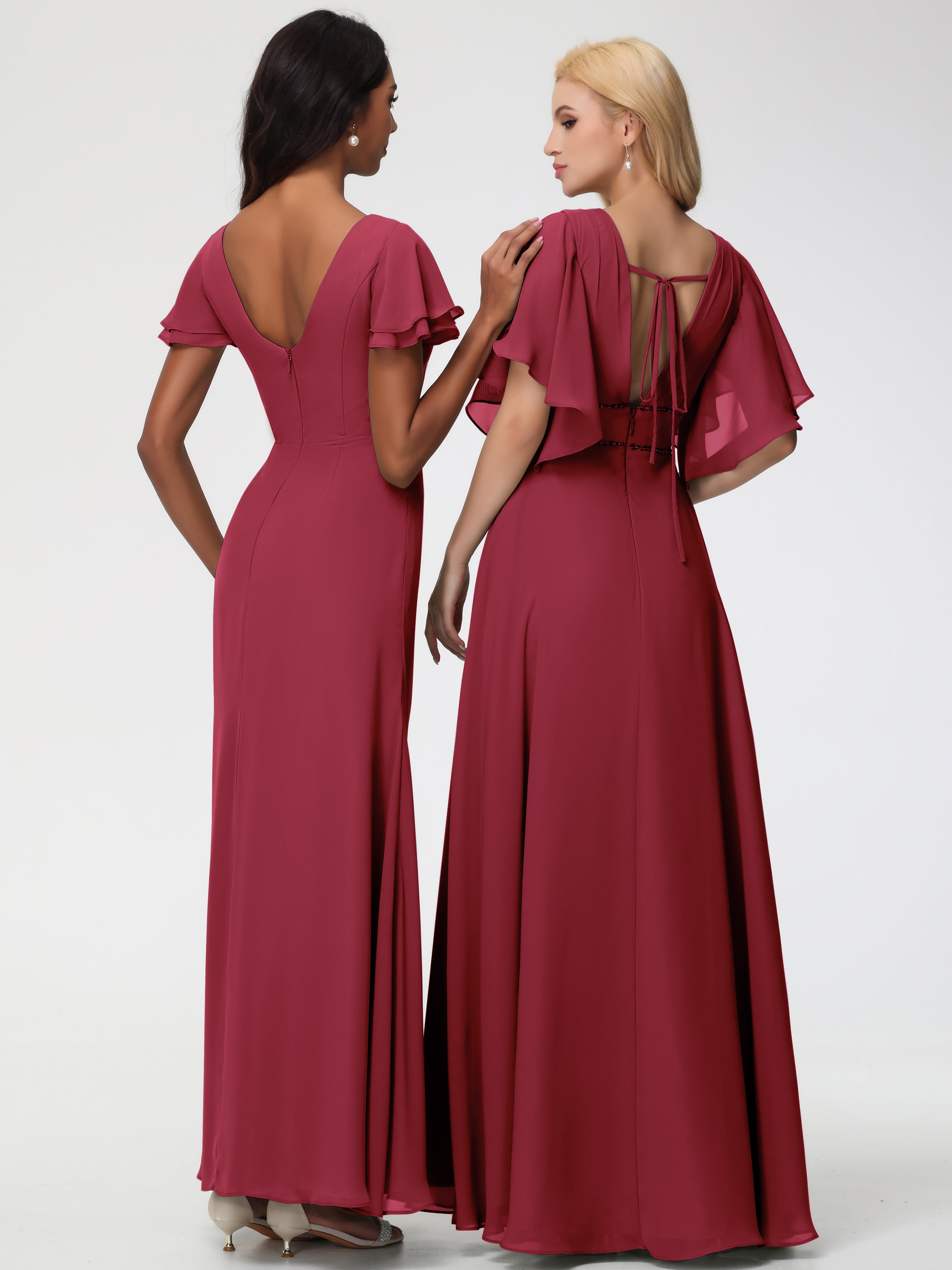 Sheath/Column Short Sleeves Split Long Chiffon Bridesmaid Dresses