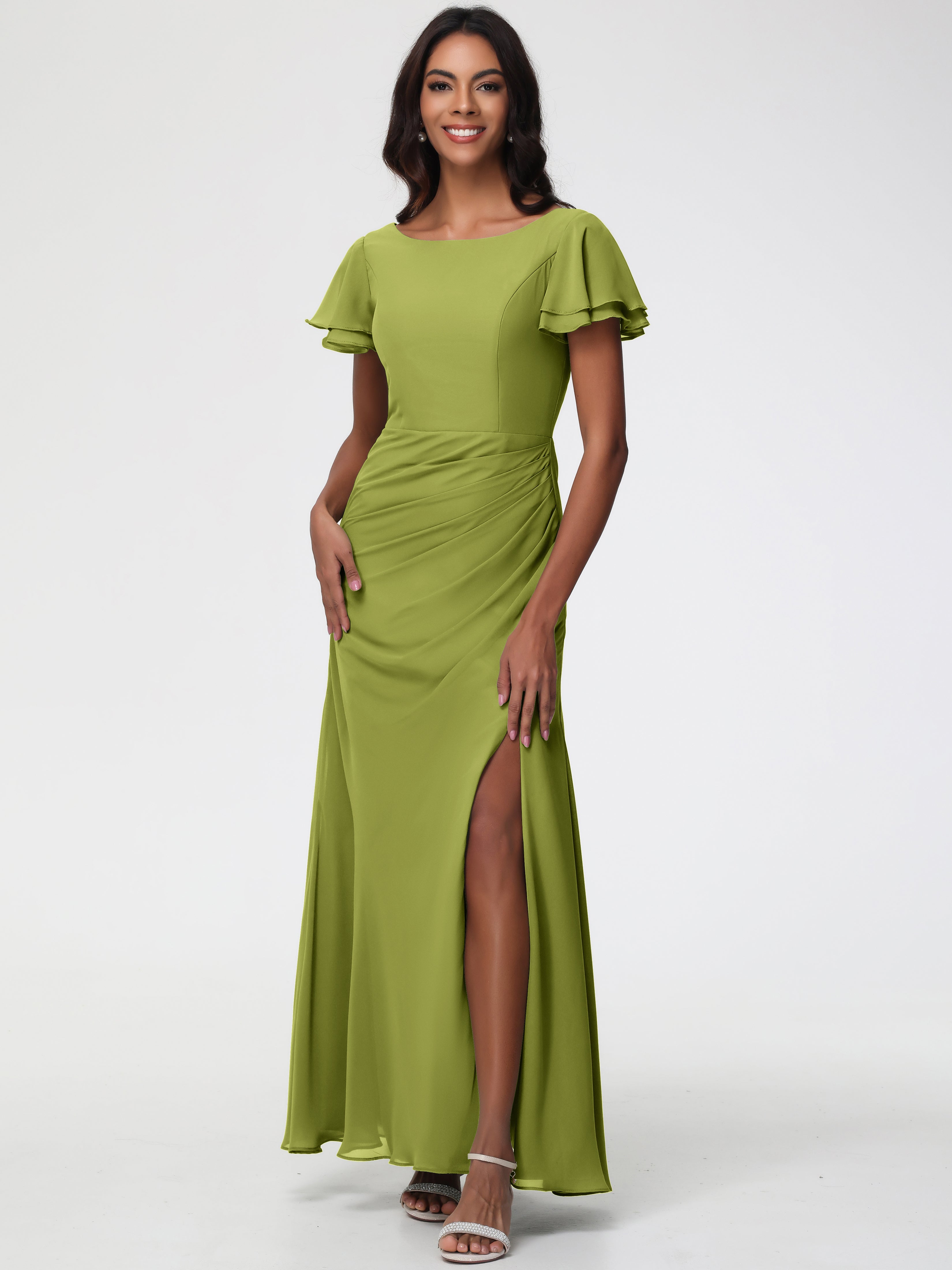 Sheath/Column Short Sleeves Split Long Chiffon Bridesmaid Dresses